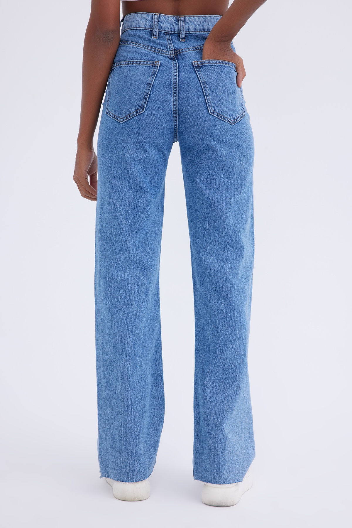 Lazer kesim distressed jean - MAVİ-KOYU MAVİ