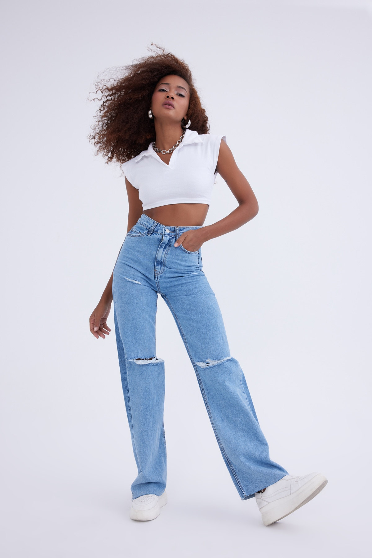 Lazer kesim distressed jean - MAVİ-KOYU MAVİ