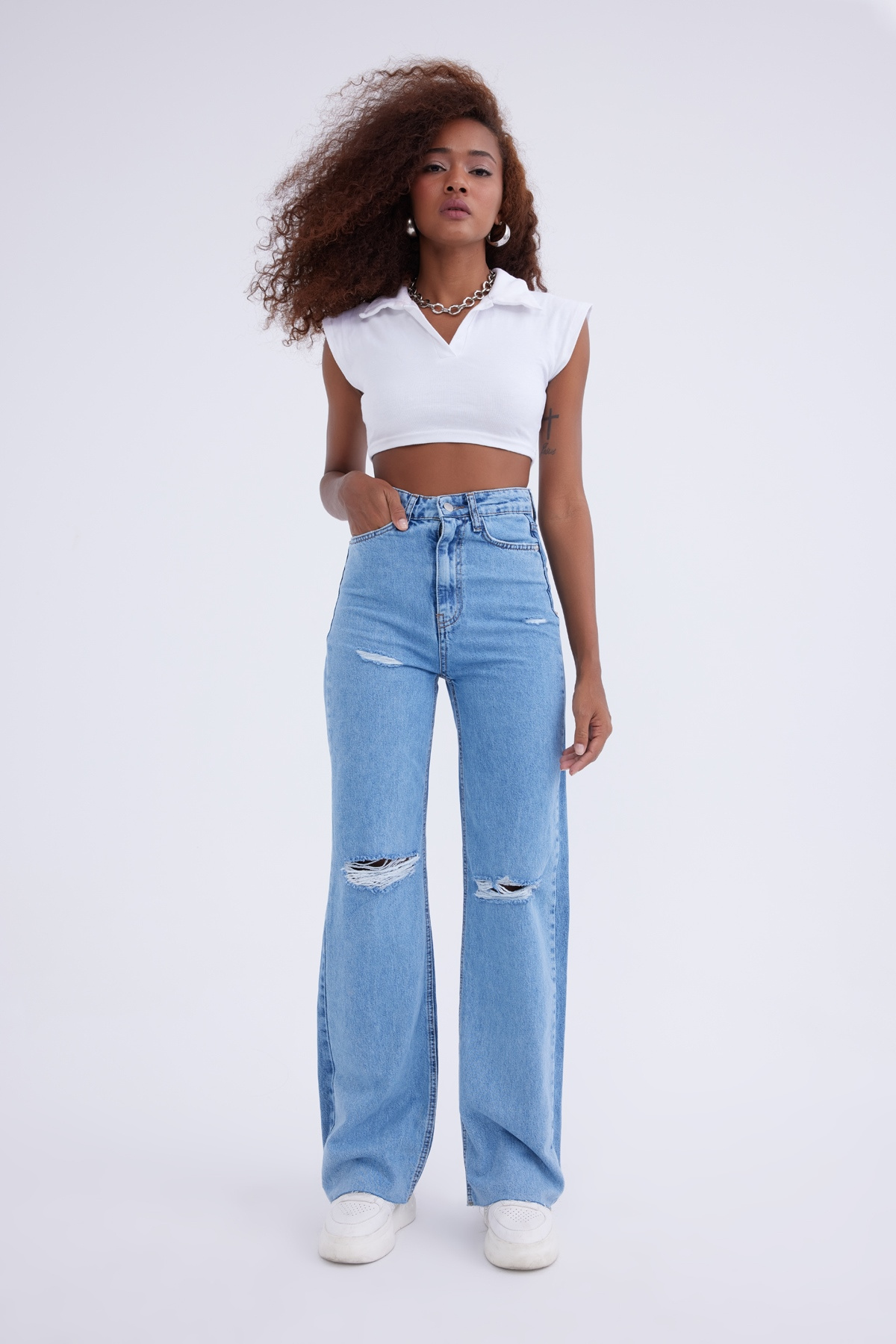 Lazer kesim distressed jean - MAVİ-KOYU MAVİ