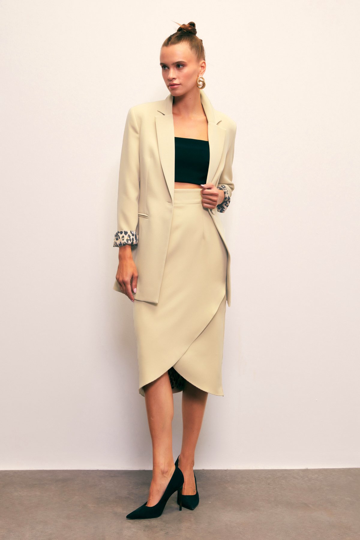 Leopar Astarlı Kruvaze Etek - BEJ