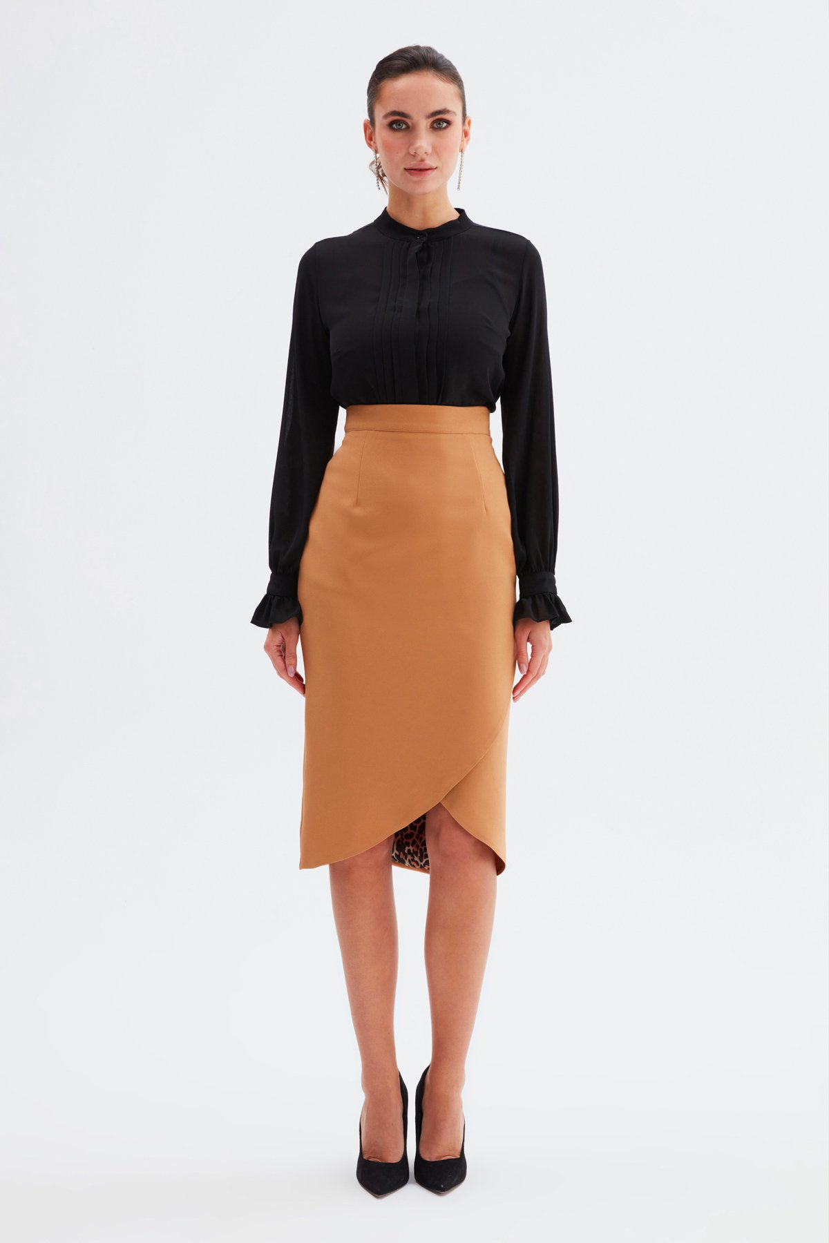Leopar Astarlı Kruvaze Etek - CAMEL