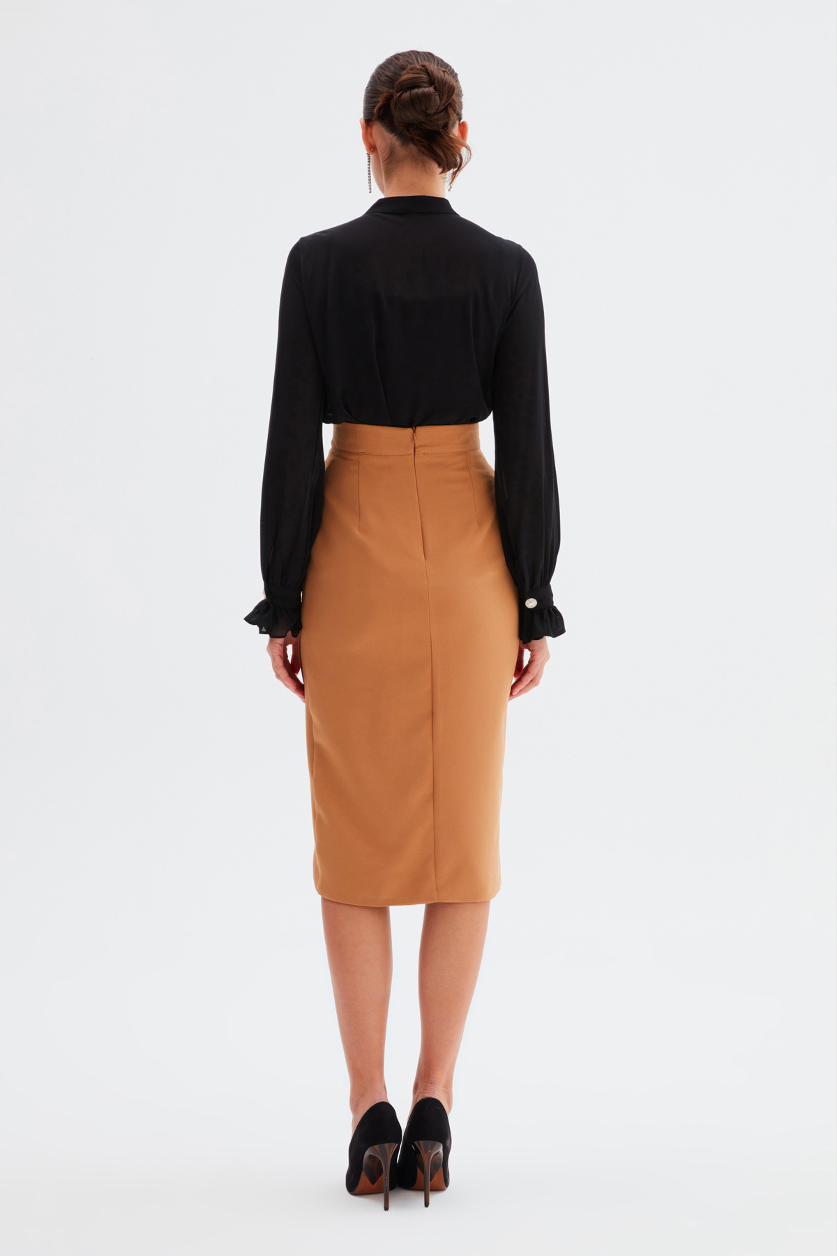 Leopar Astarlı Kruvaze Etek - CAMEL