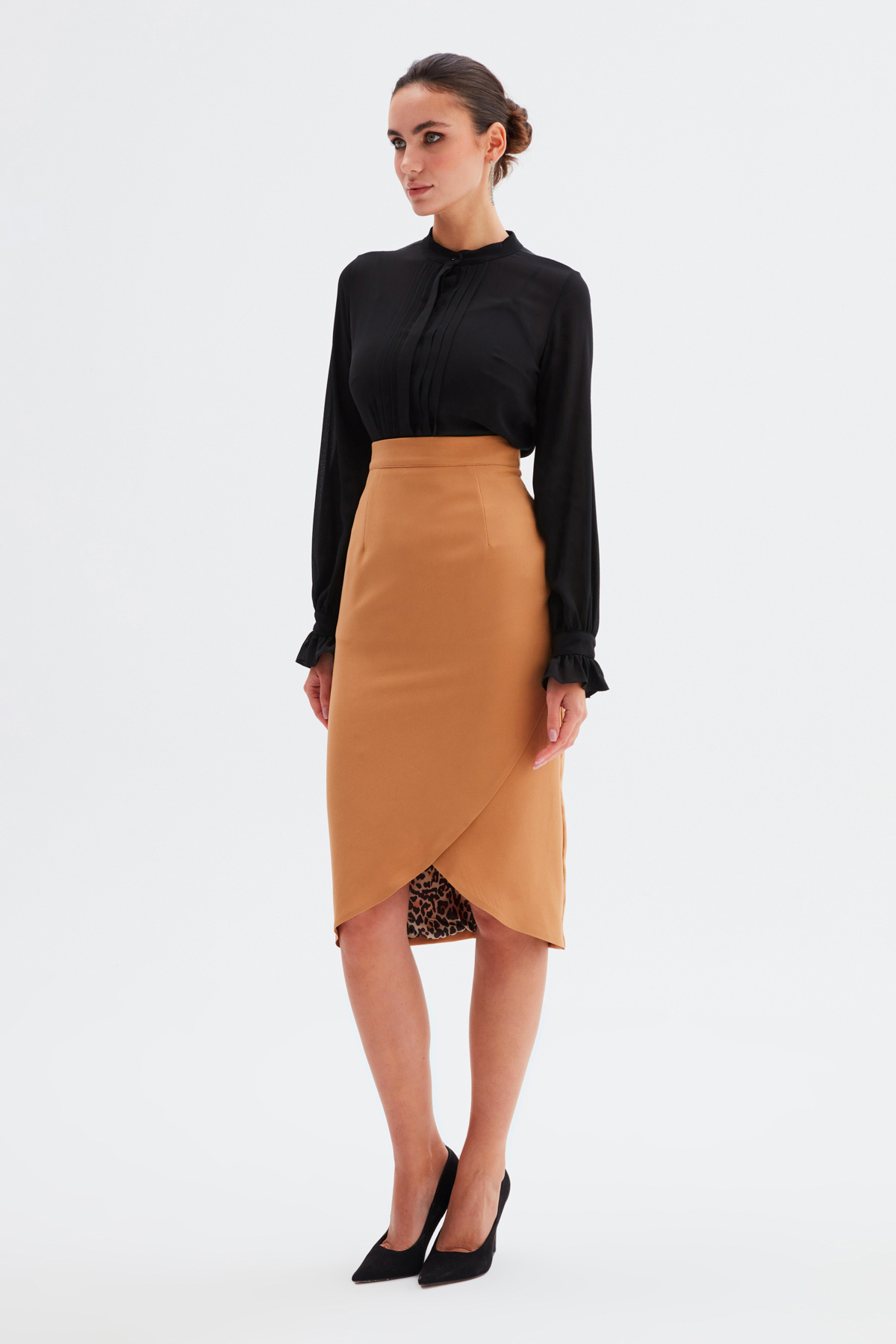 Leopar Astarlı Kruvaze Etek - CAMEL