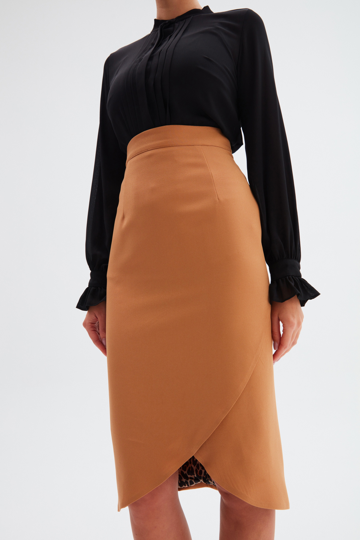 Leopar Astarlı Kruvaze Etek - CAMEL