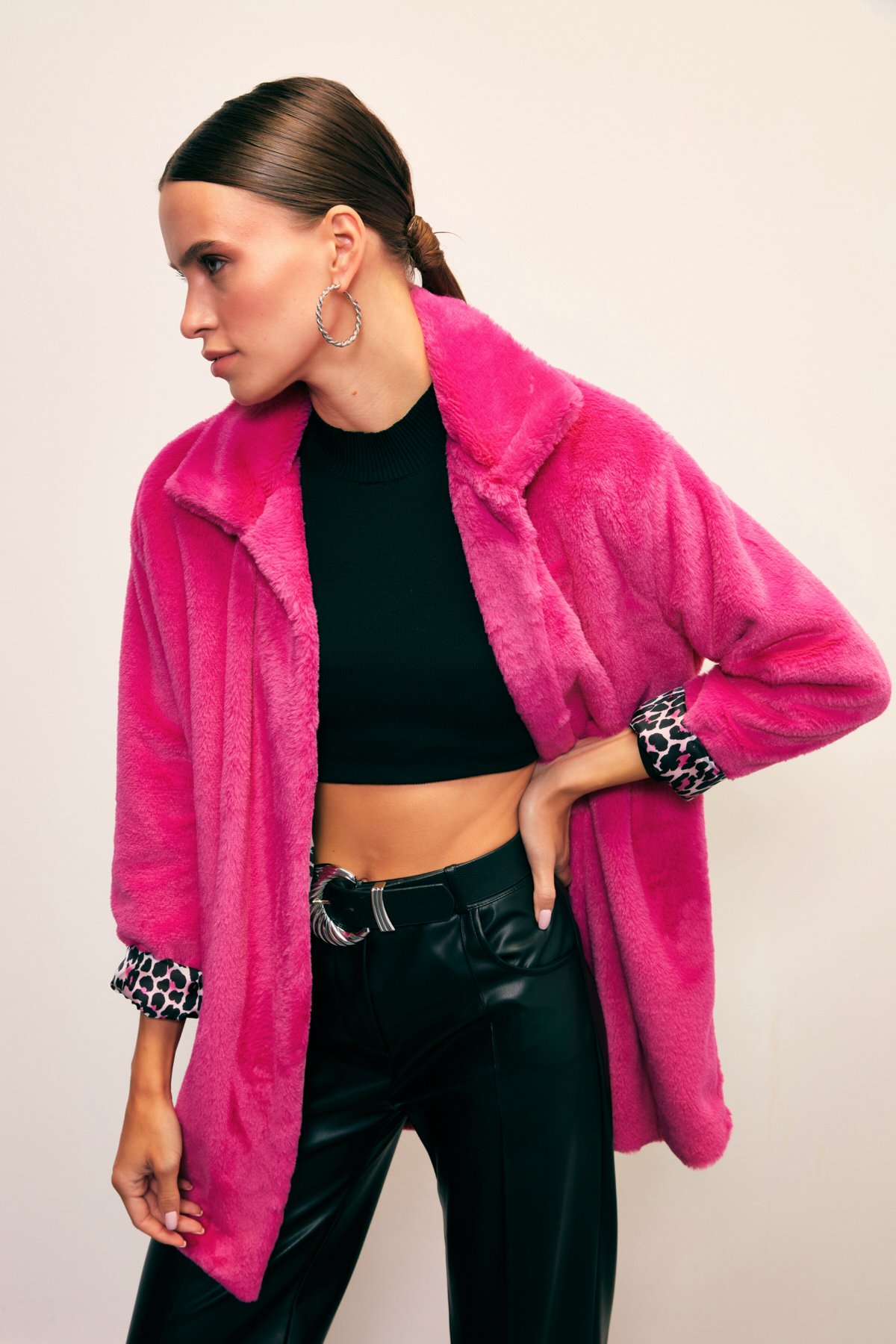 Leopar Astarlı Peluş Kaban - FUŞYA