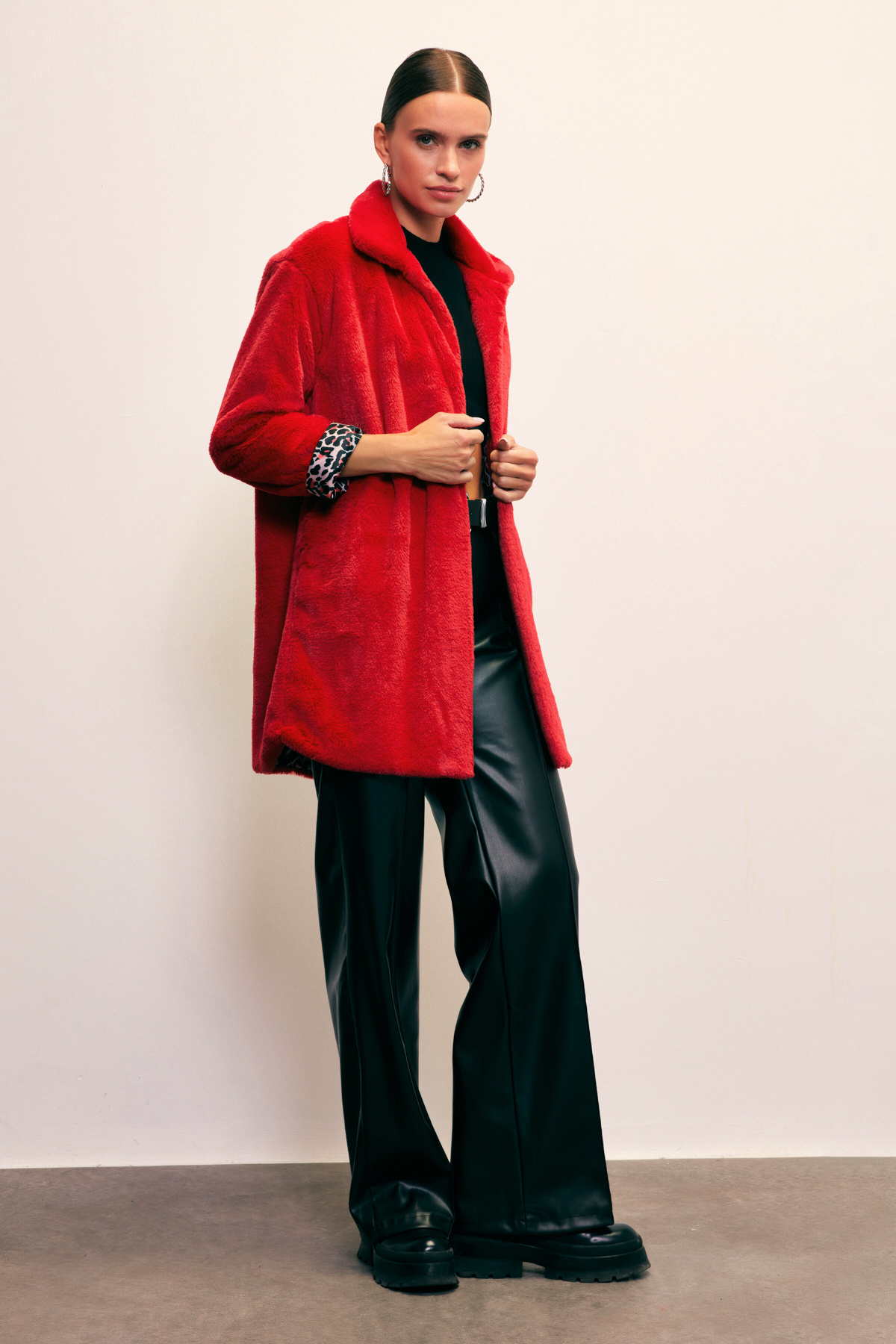 Leopard Lined Plush Coat - RED