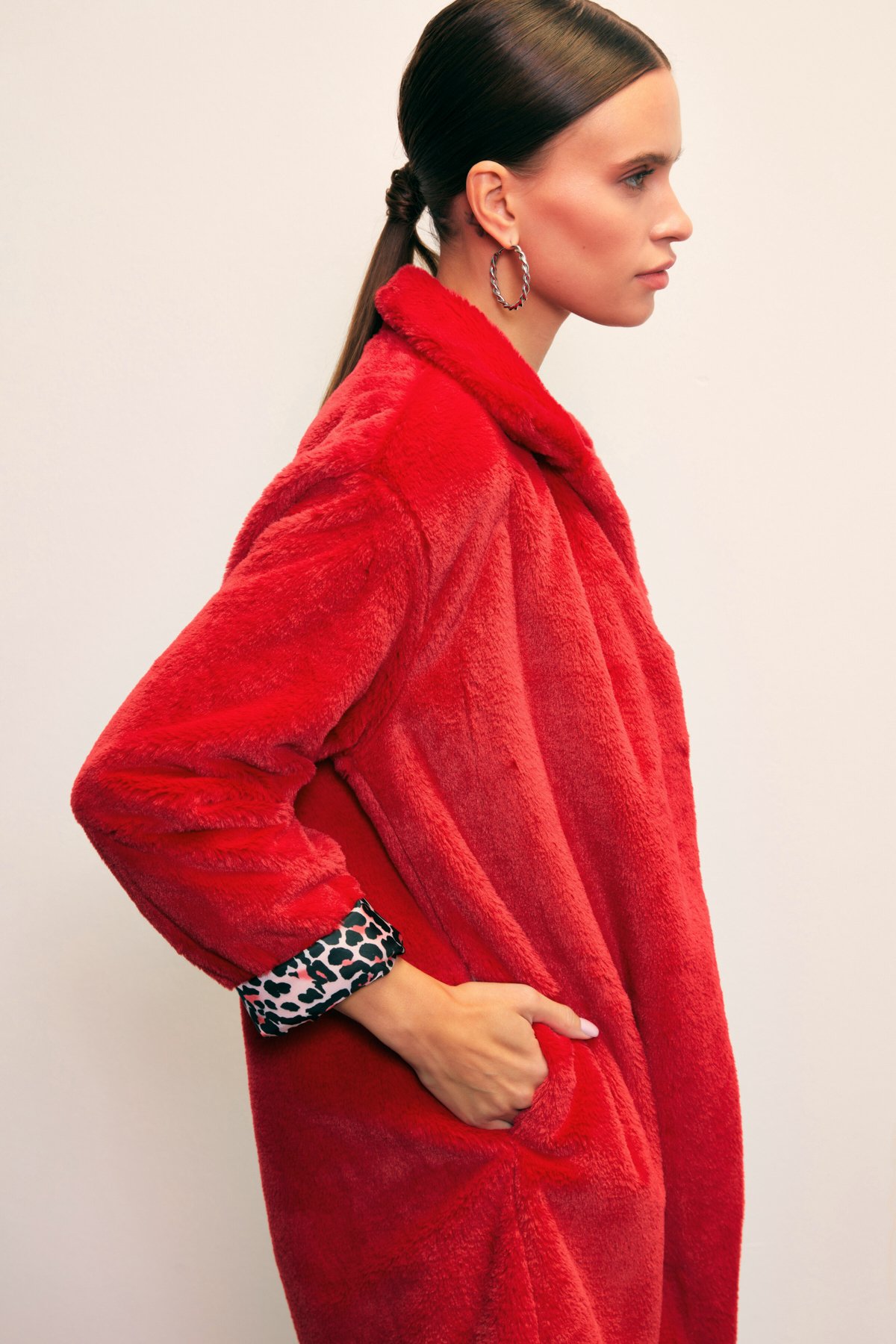 Leopard Lined Plush Coat - RED