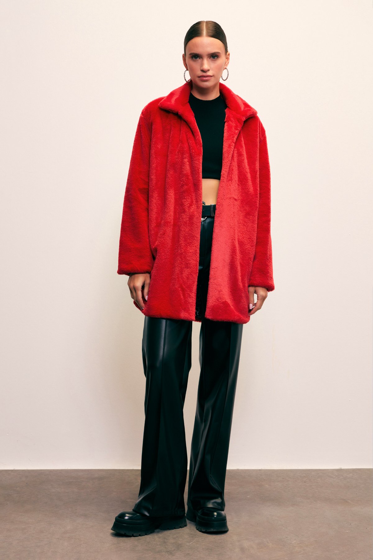 Leopard Lined Plush Coat - RED