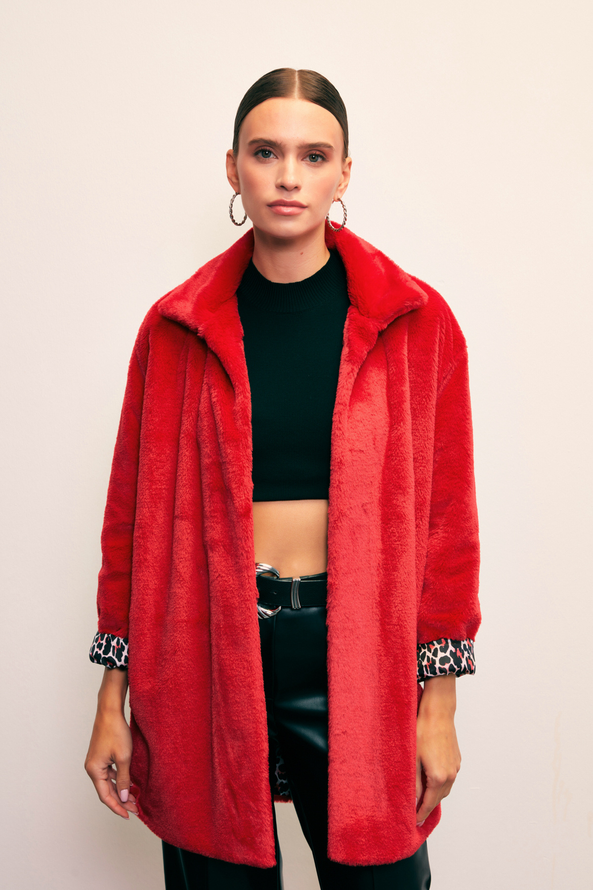 Leopard Lined Plush Coat - RED
