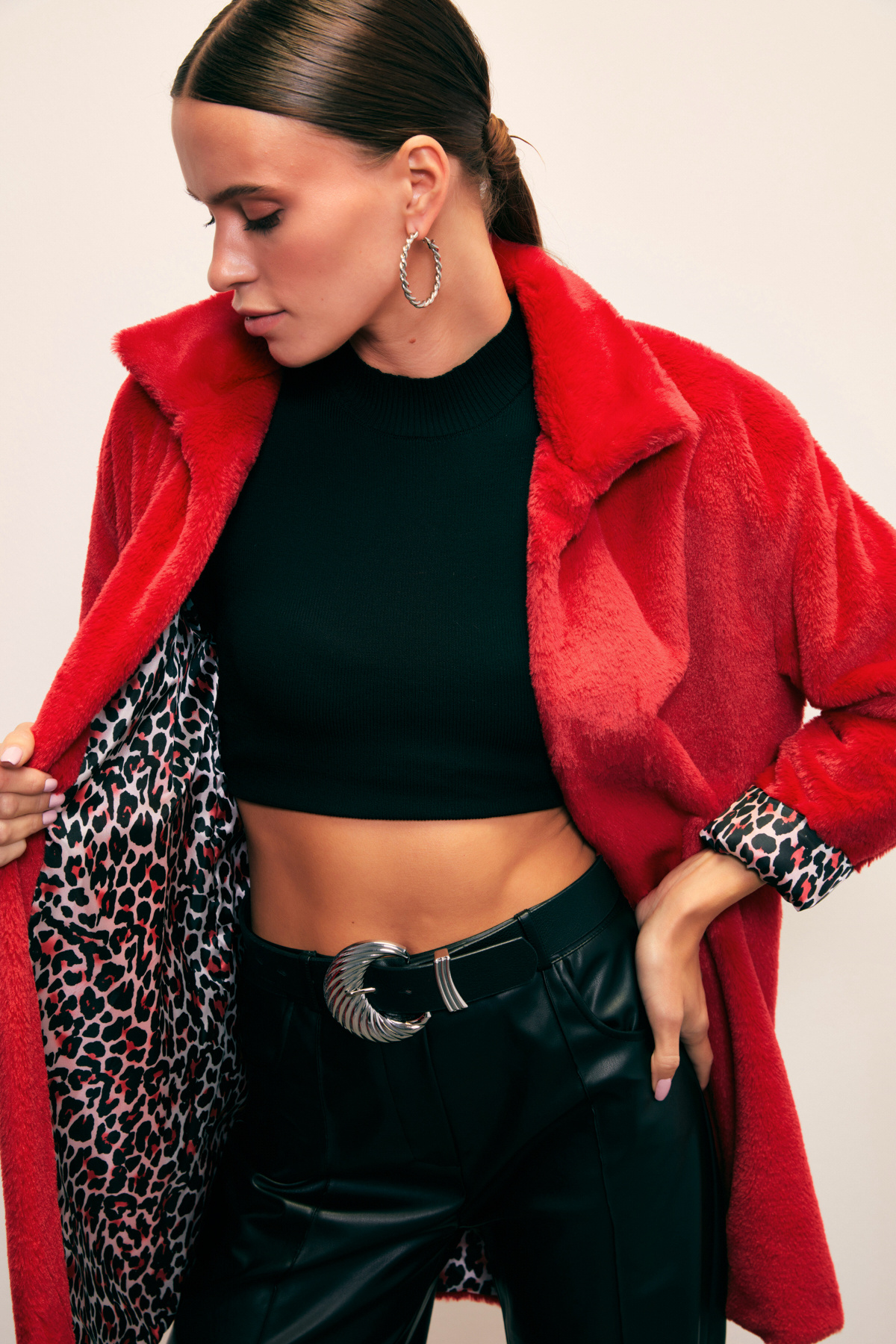 Leopard Lined Plush Coat - RED