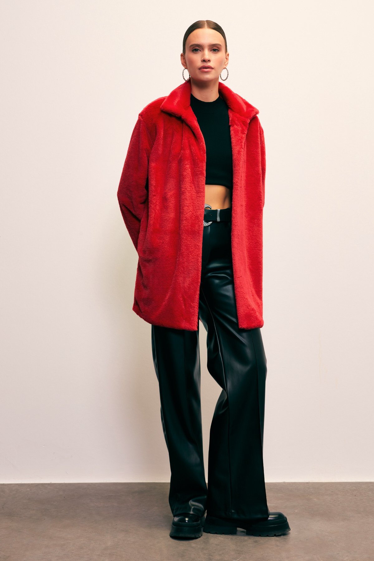 Leopard Lined Plush Coat - RED