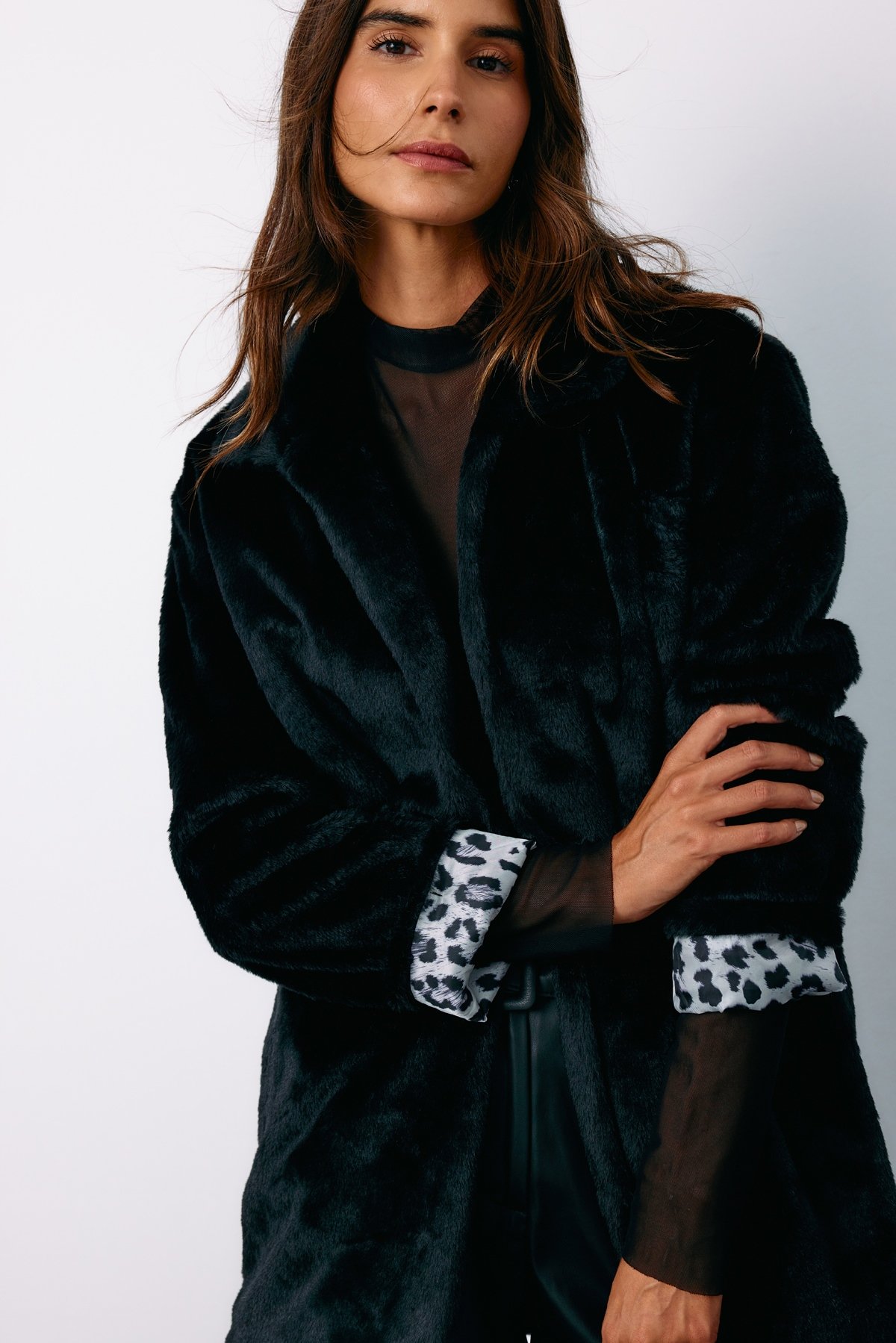 Leopard Lined Plush Coat - BLACK
