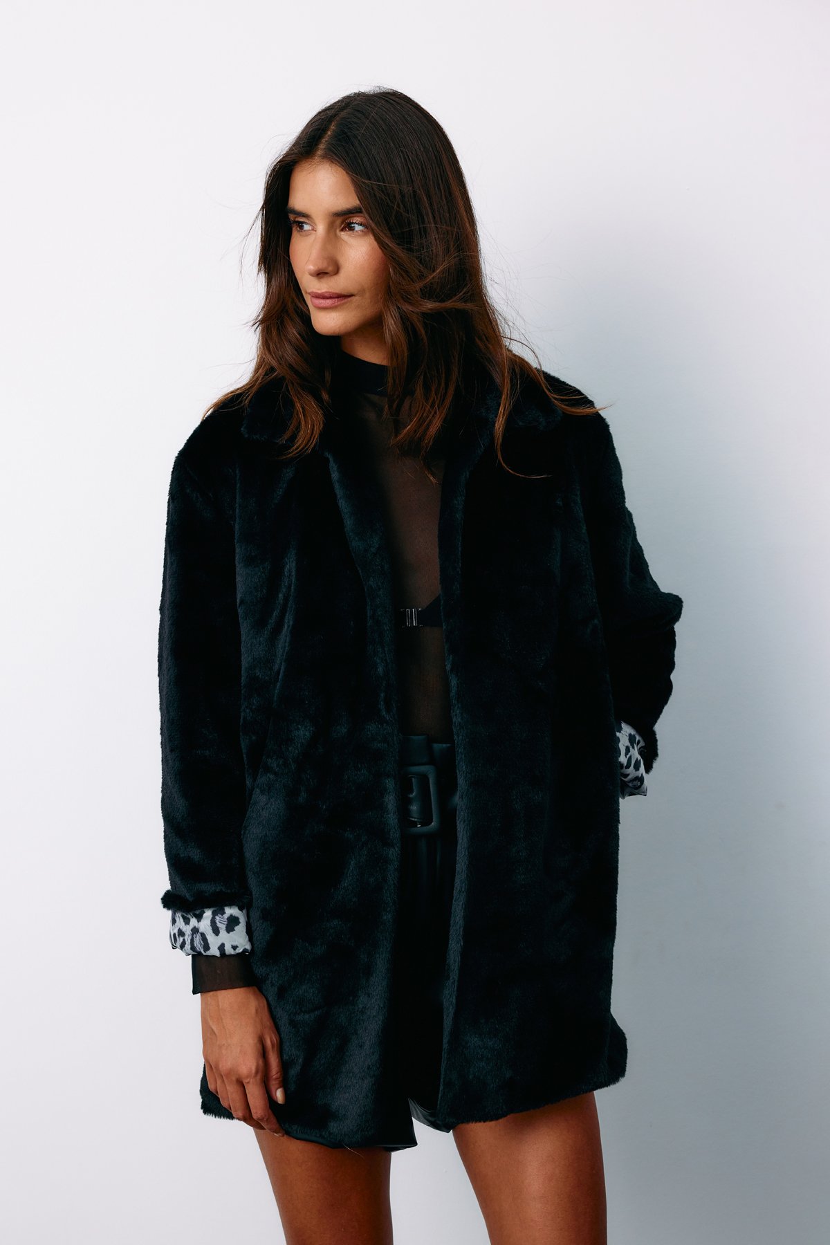 Leopard Lined Plush Coat - BLACK