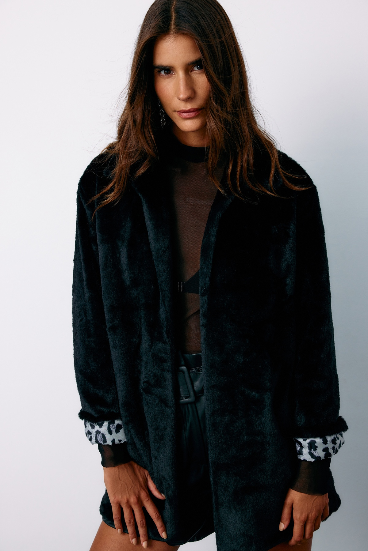 Leopard Lined Plush Coat - BLACK