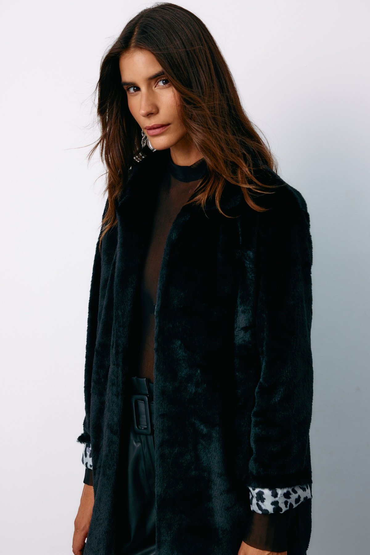 Leopard Lined Plush Coat - BLACK