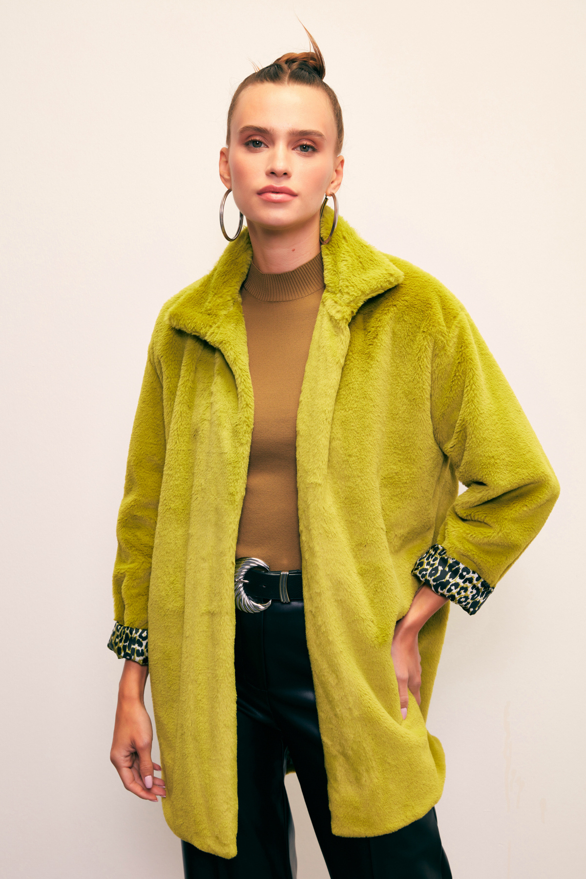 Leopar Astarlı Peluş Kaban - YAĞ YEŞİLİ