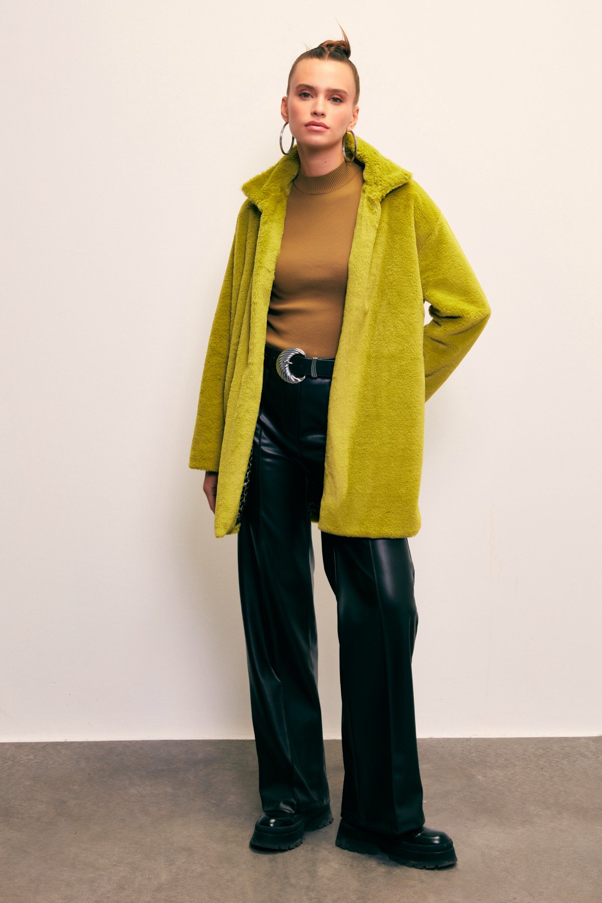 Leopar Astarlı Peluş Kaban - YAĞ YEŞİLİ