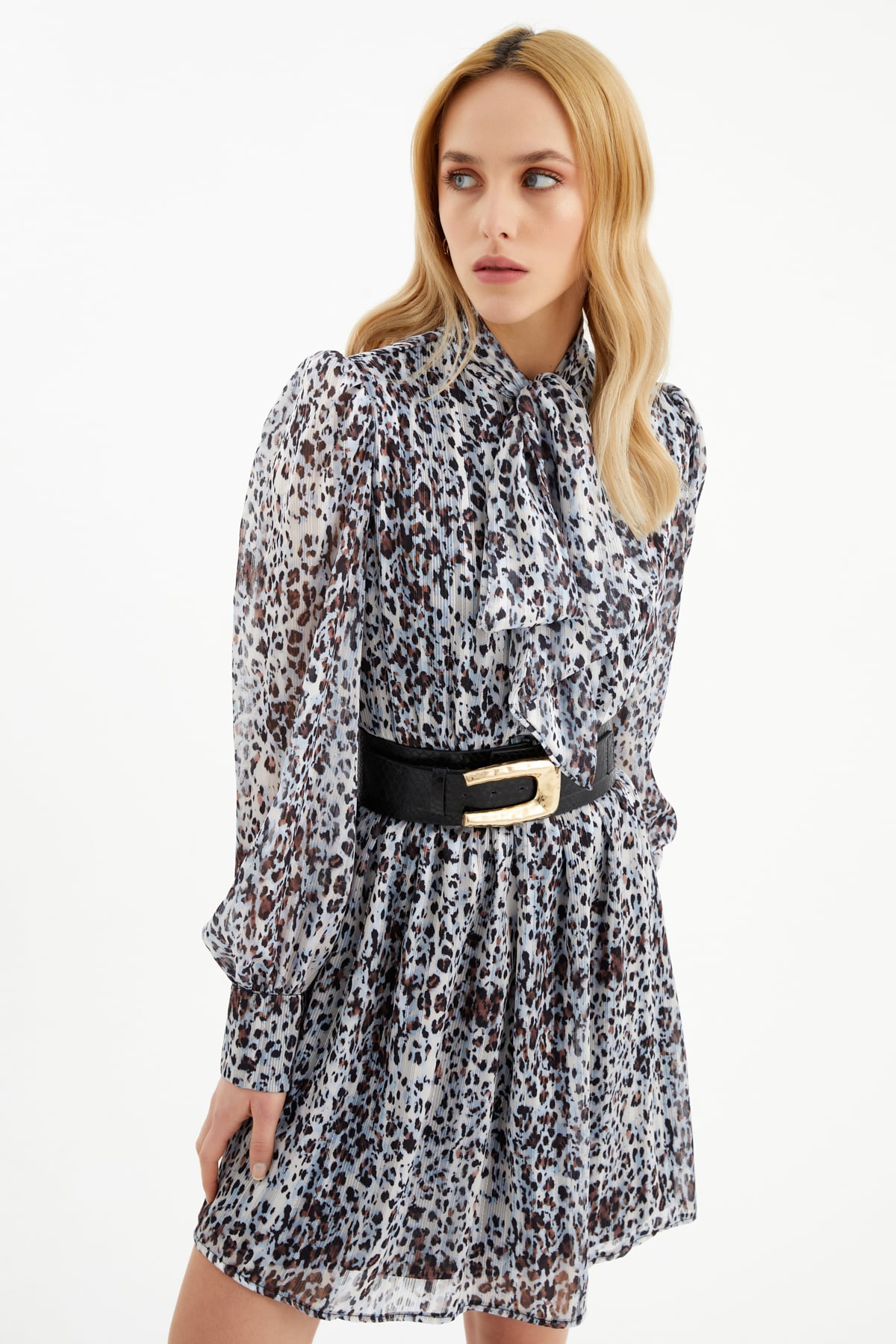 Leopar desenli elbise - MAVİ