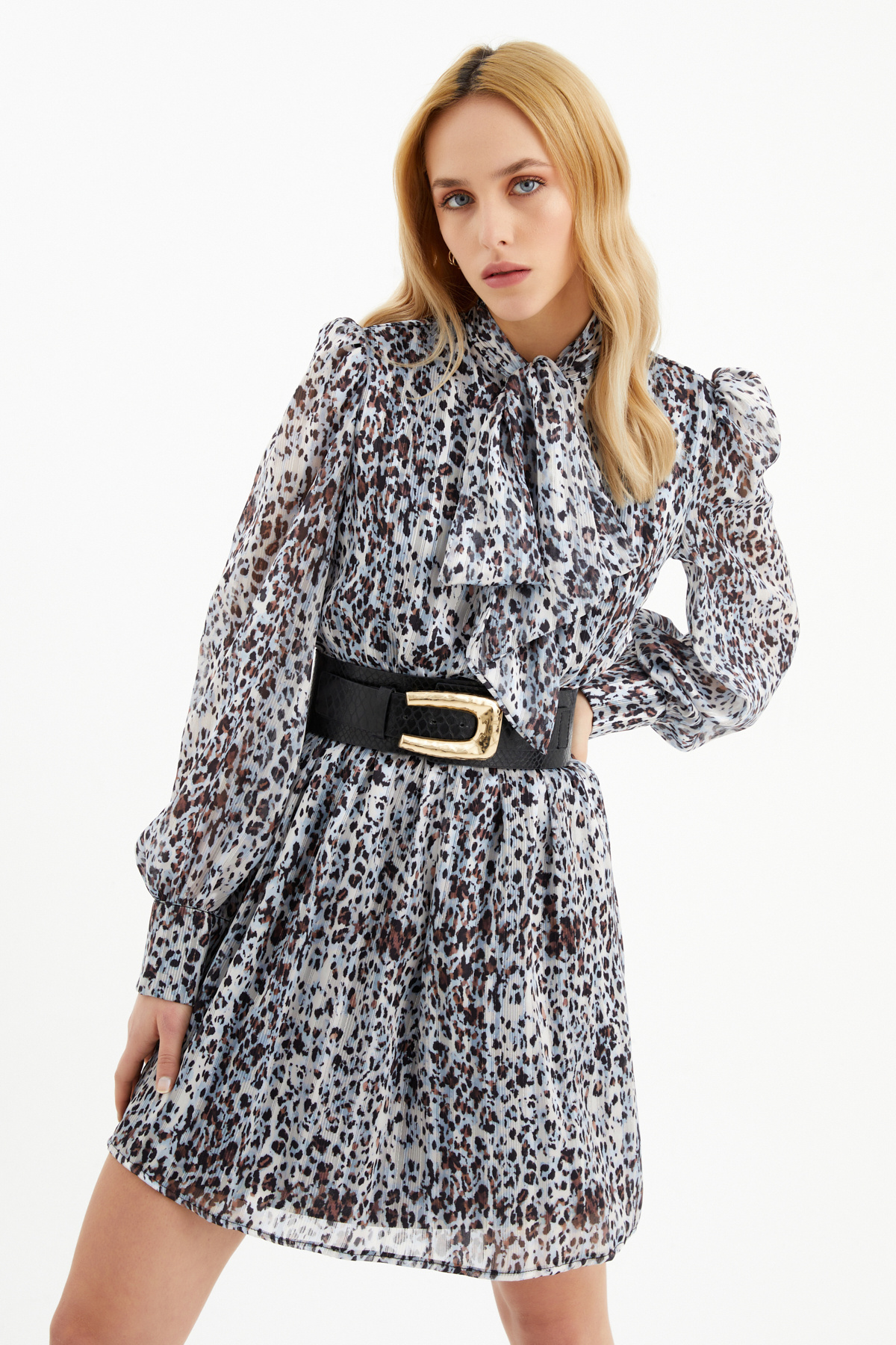 Leopar desenli elbise - MAVİ