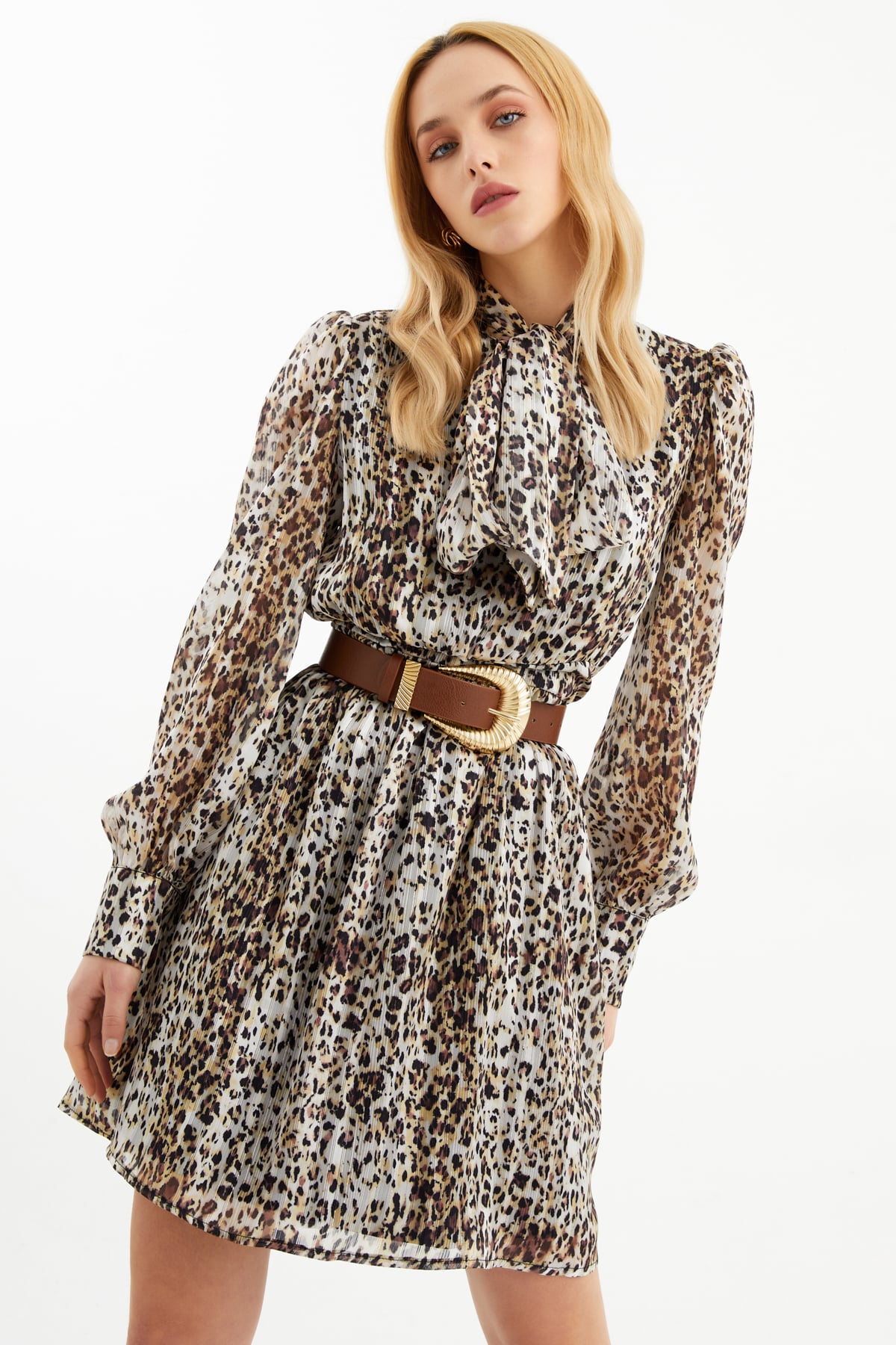 Leopar desenli elbise - SARI