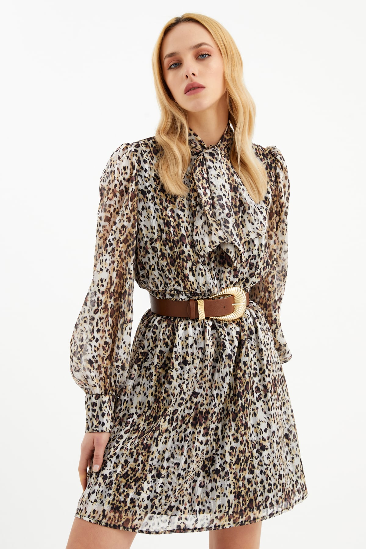 Leopar desenli elbise - SARI
