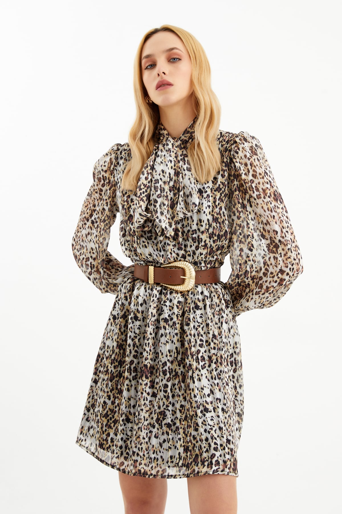 Leopar desenli elbise - SARI