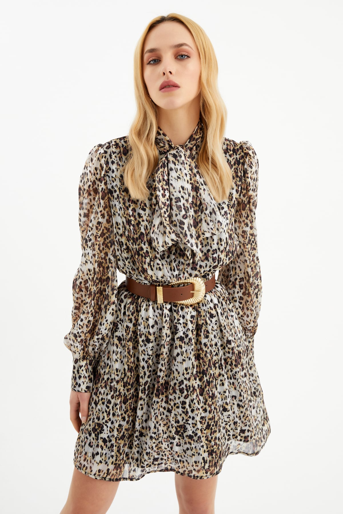 Leopar desenli elbise - SARI