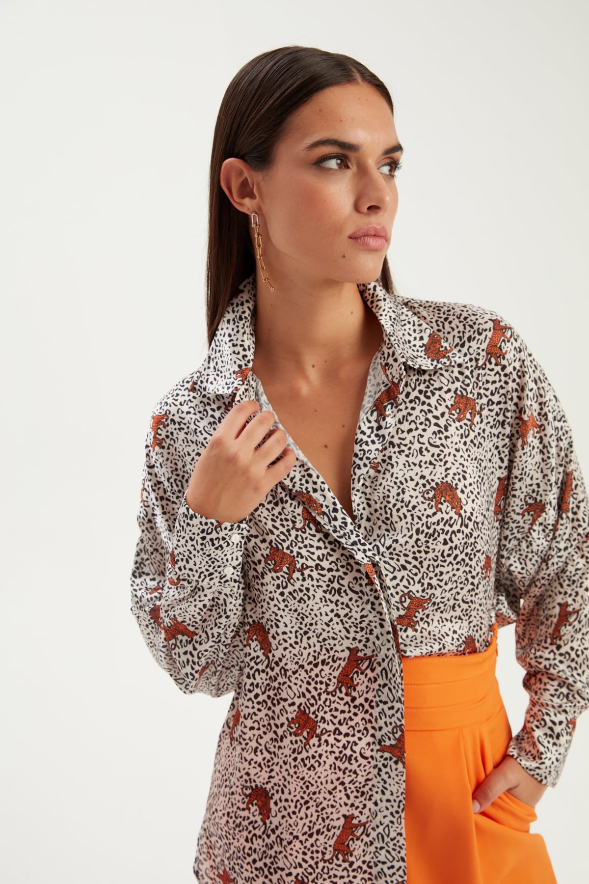Leopar Desenli Gömlek - ORANJ