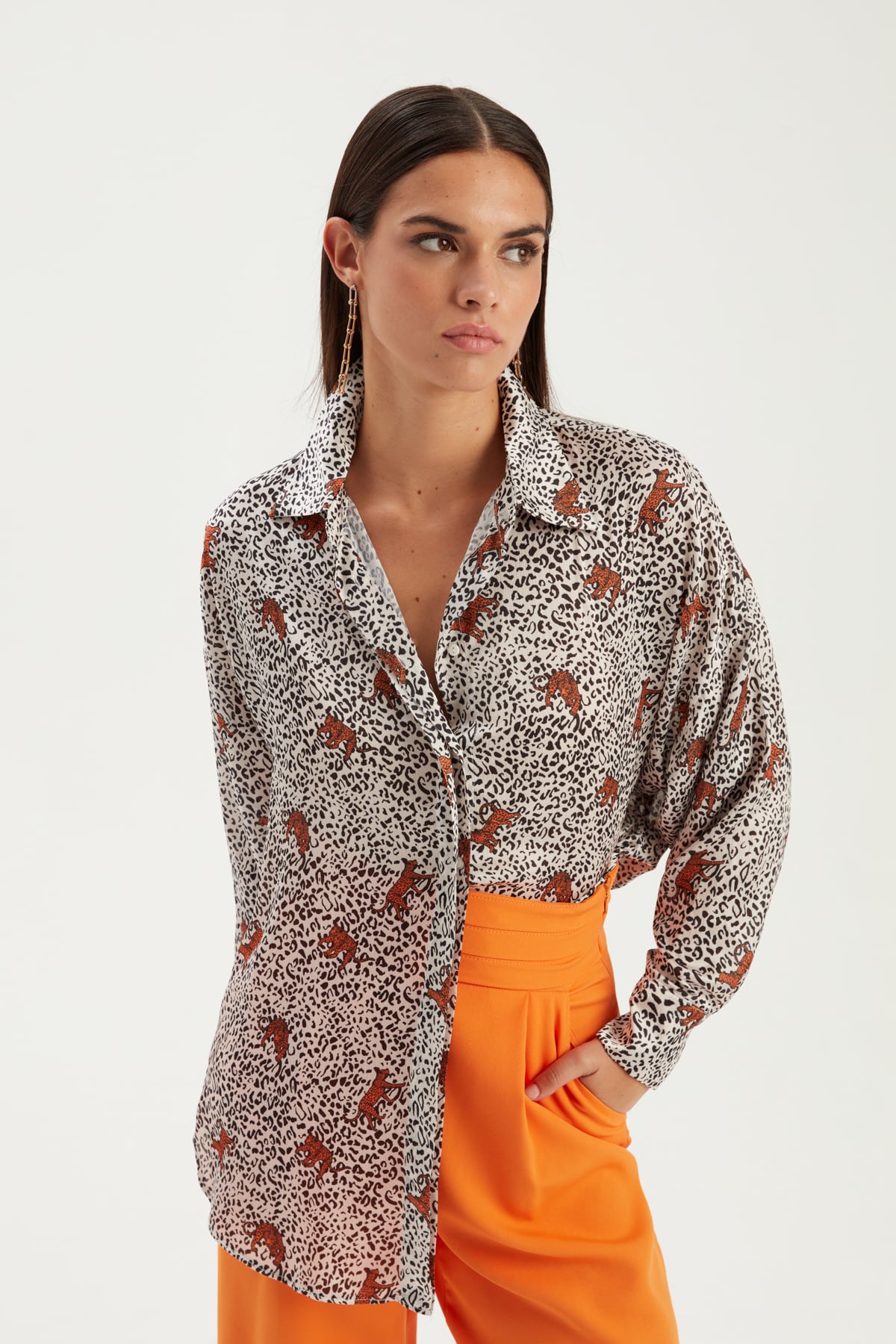 Leopar Desenli Gömlek - ORANJ