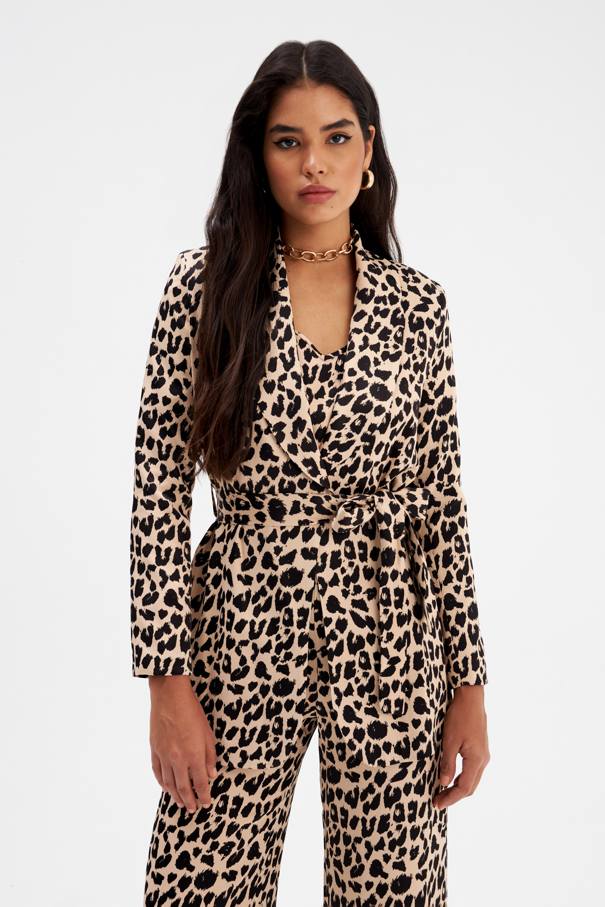 Leopar desenli kuşaklı ceket - BEJ