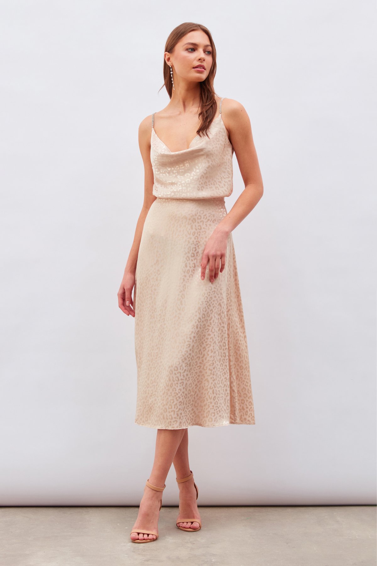 Leopar Desenli Midi Saten Etek - BEJ
