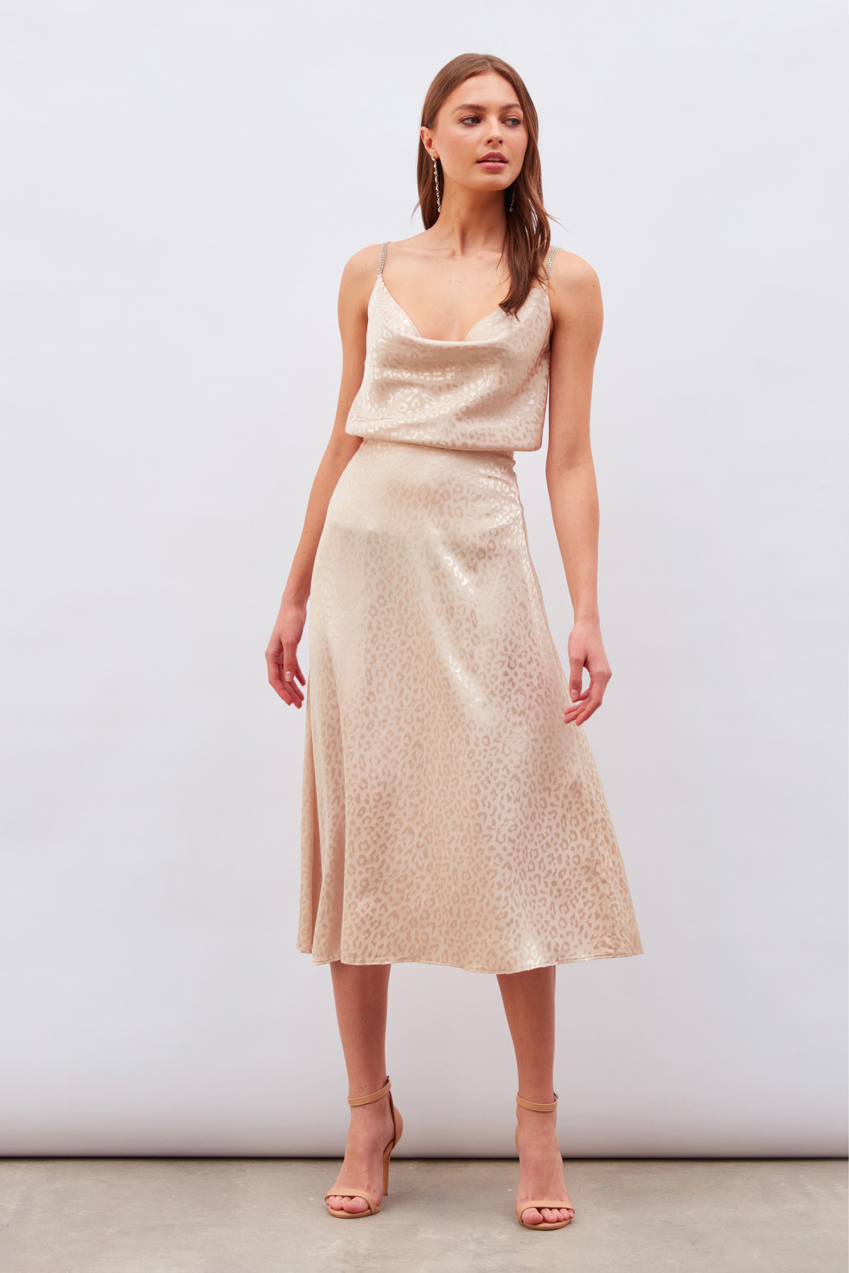 Leopar Desenli Midi Saten Etek - BEJ