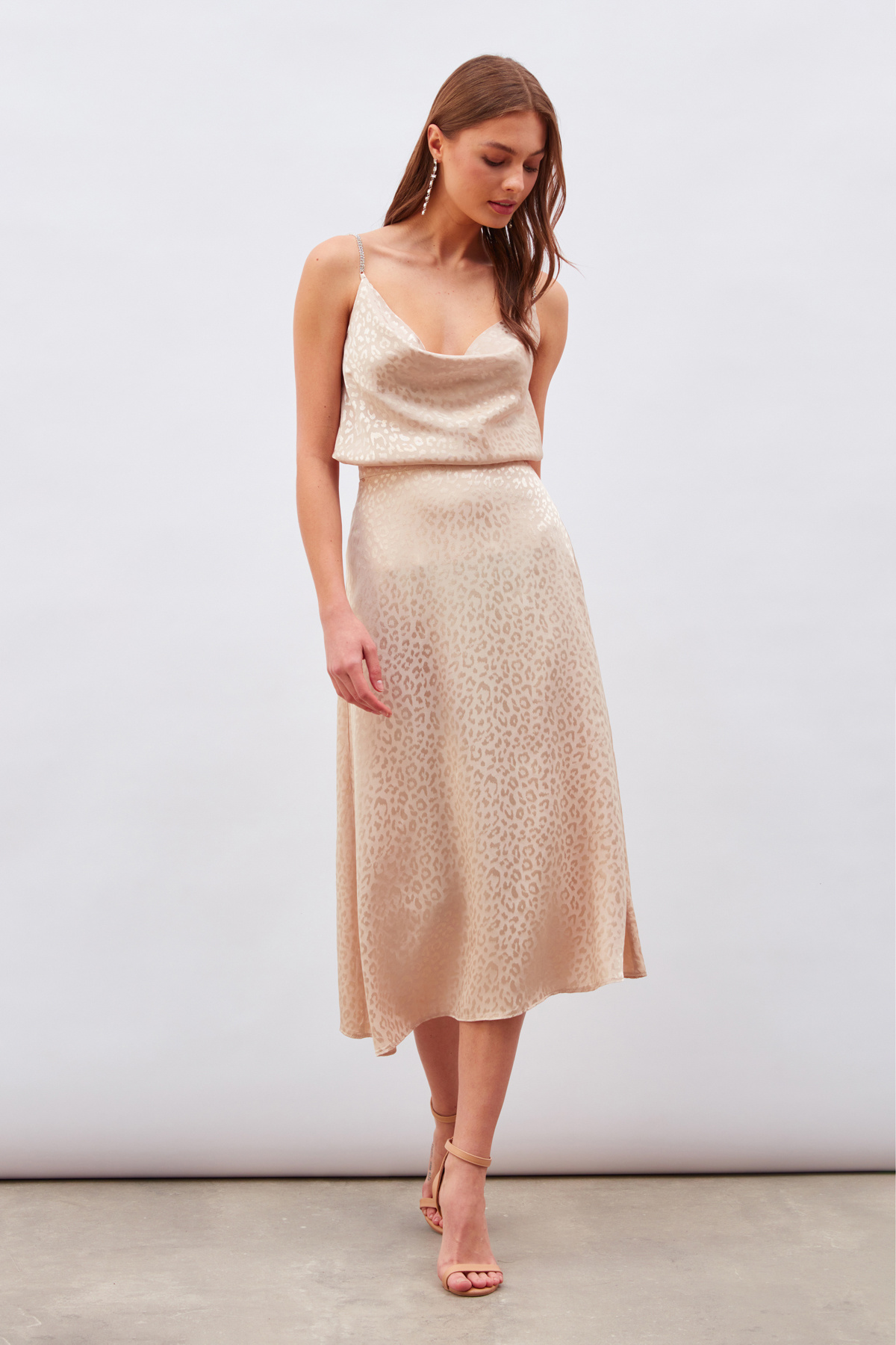 Leopar Desenli Midi Saten Etek - BEJ