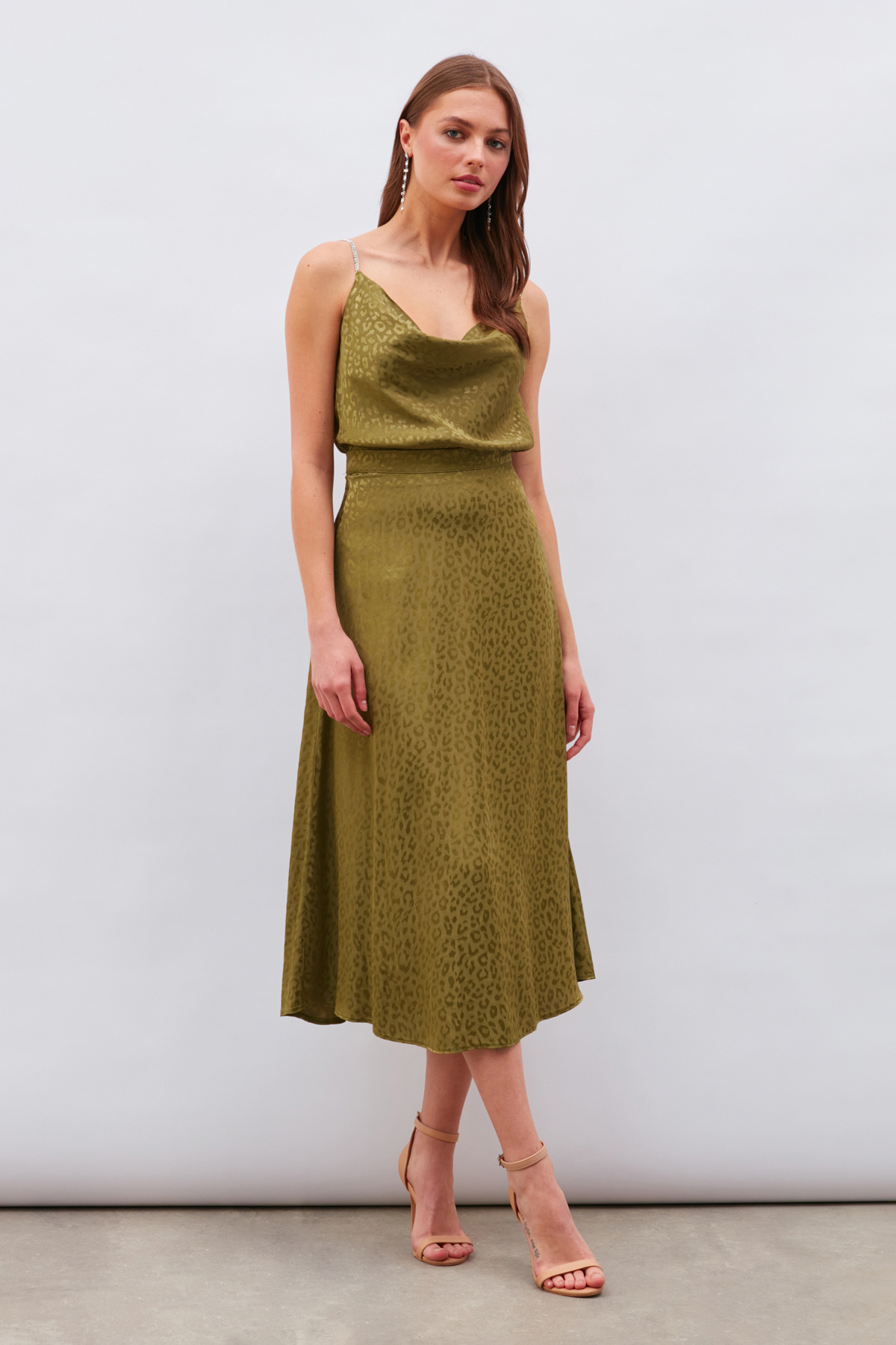 Leopar Desenli Midi Saten Etek - HAKİ