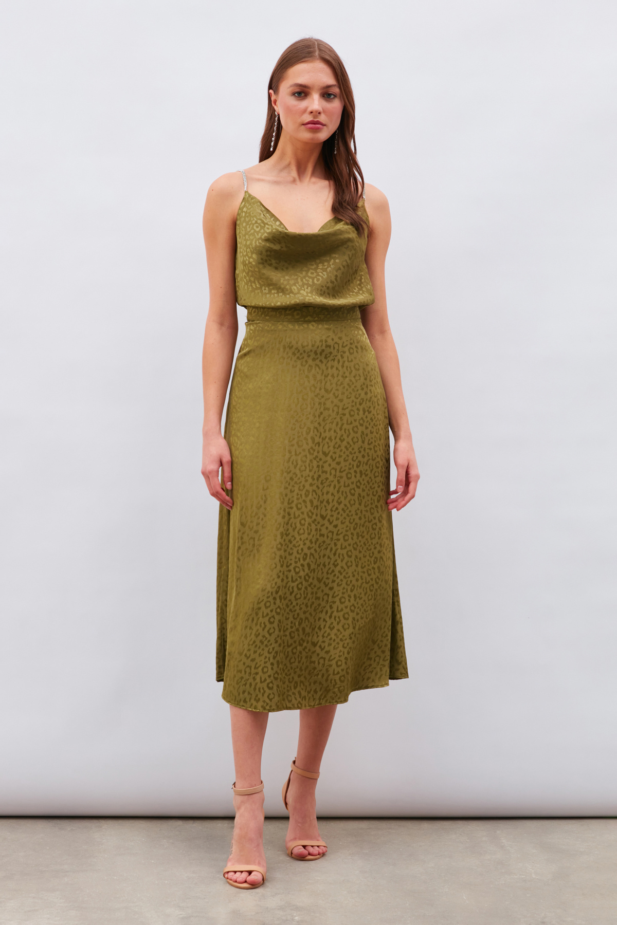 Leopar Desenli Midi Saten Etek - HAKİ