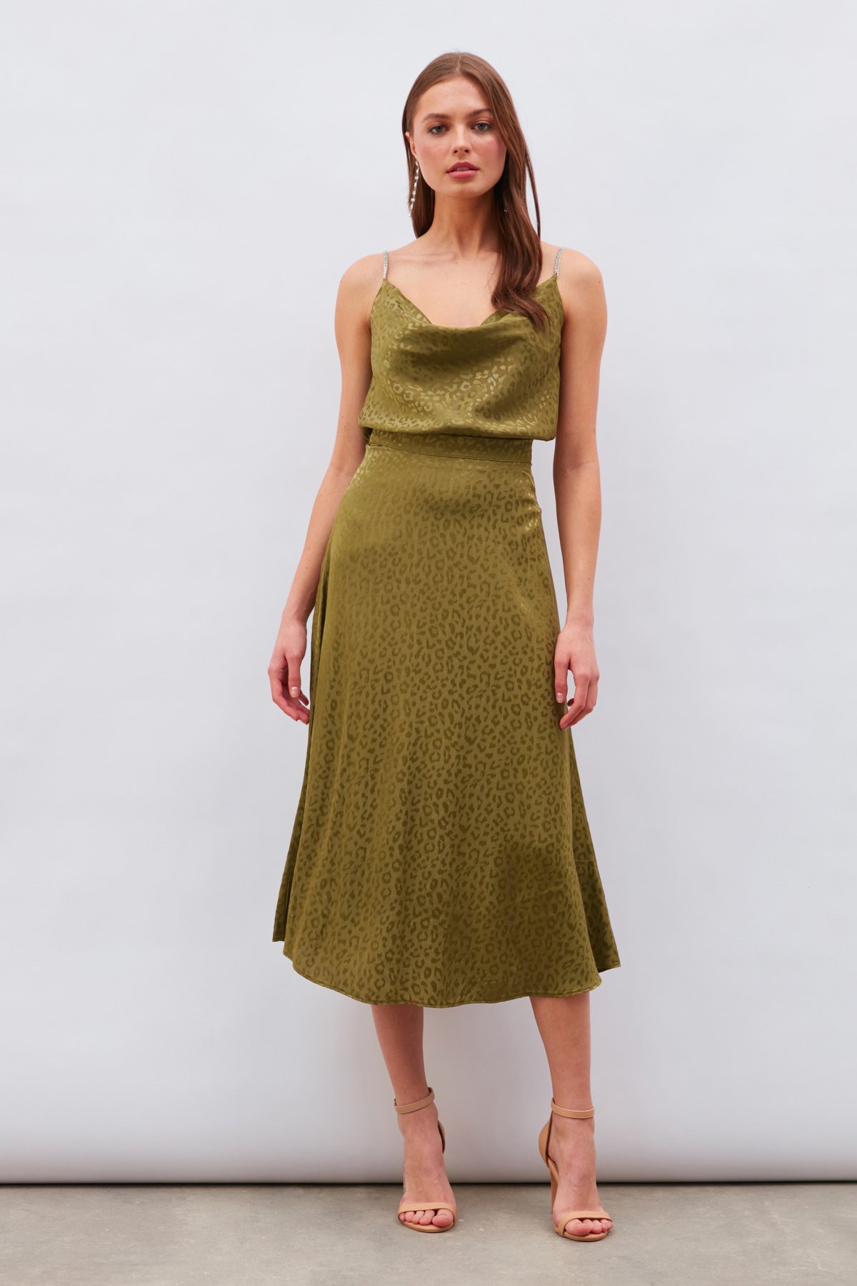 Leopar Desenli Midi Saten Etek - HAKİ