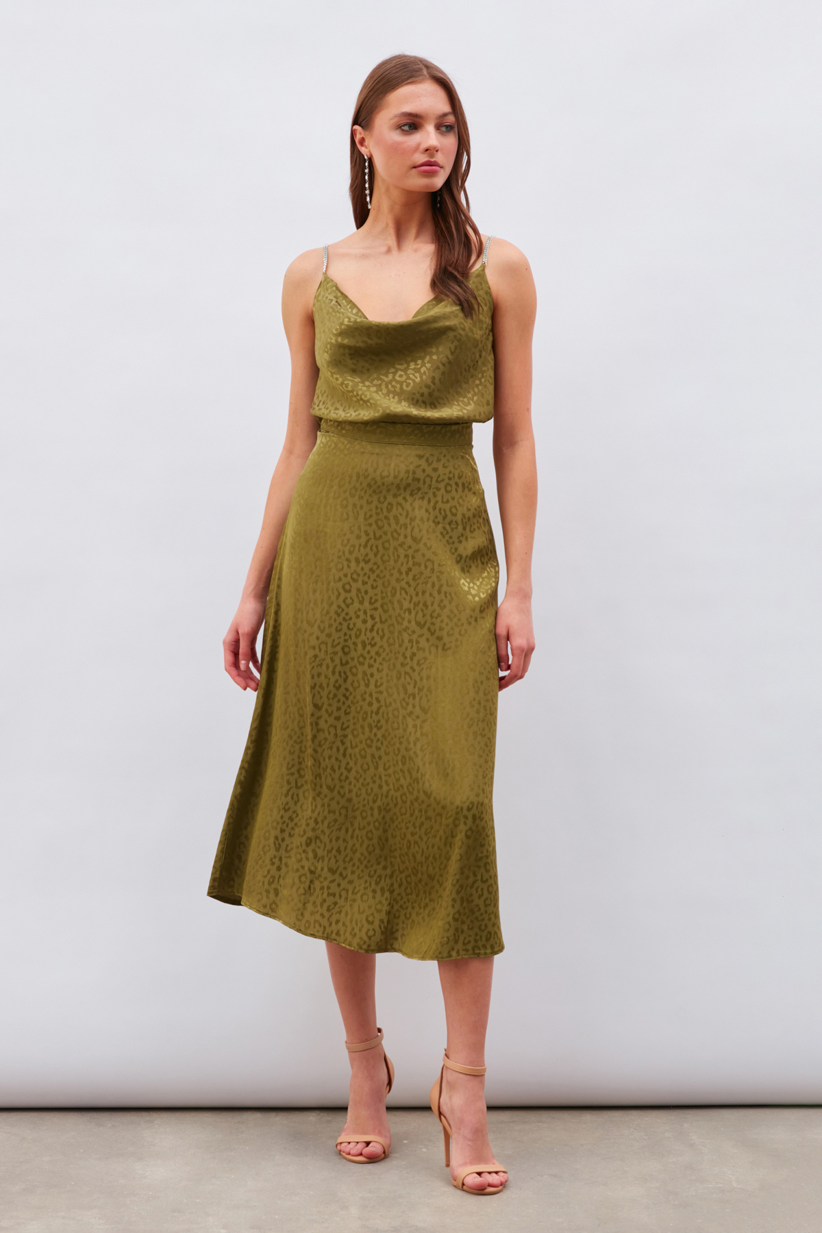 Leopar Desenli Midi Saten Etek - HAKİ