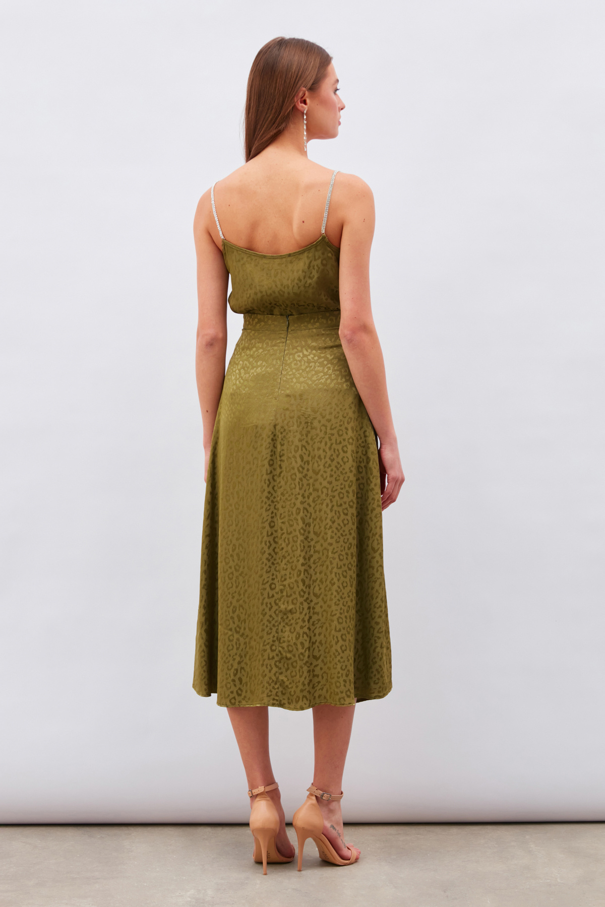 Leopar Desenli Midi Saten Etek - HAKİ