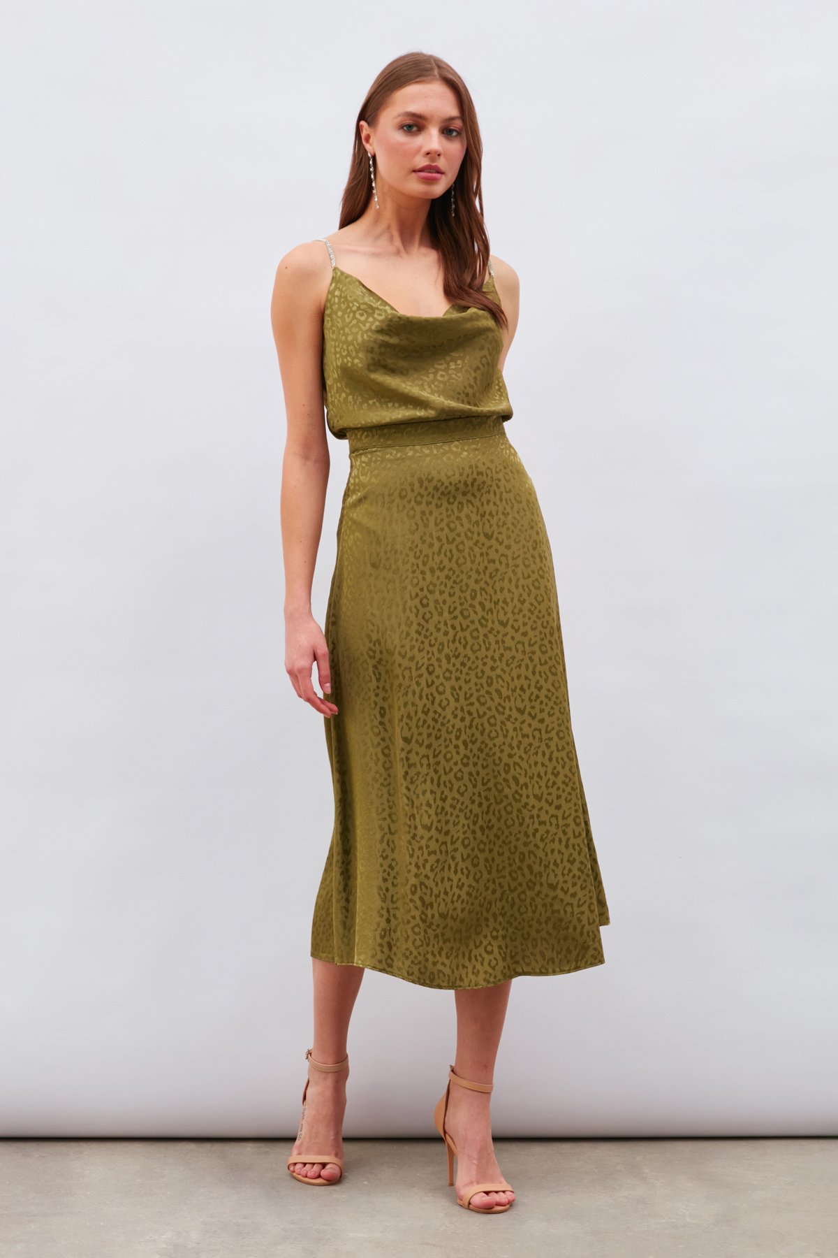 Leopar Desenli Midi Saten Etek - HAKİ