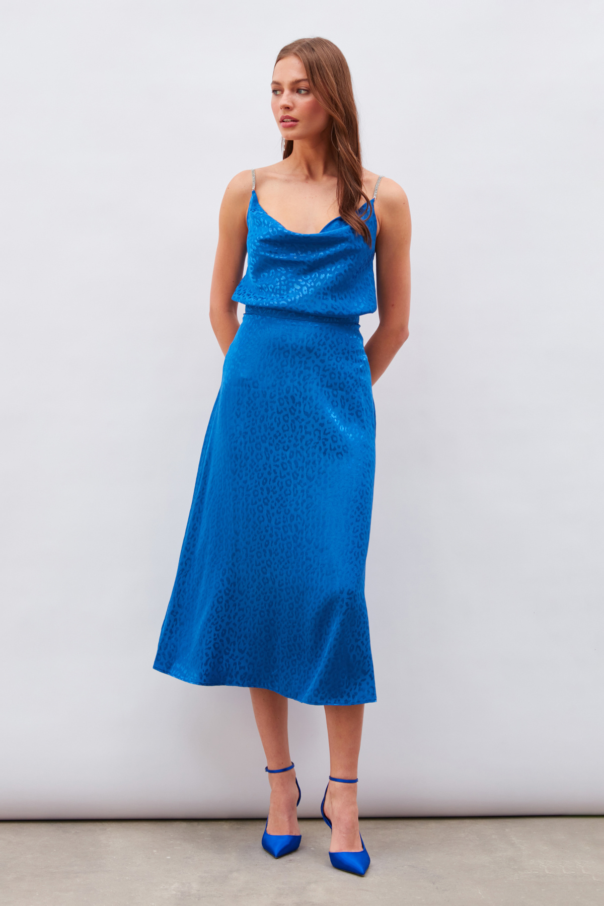 Leopar Desenli Midi Saten Etek - SAX MAVİ