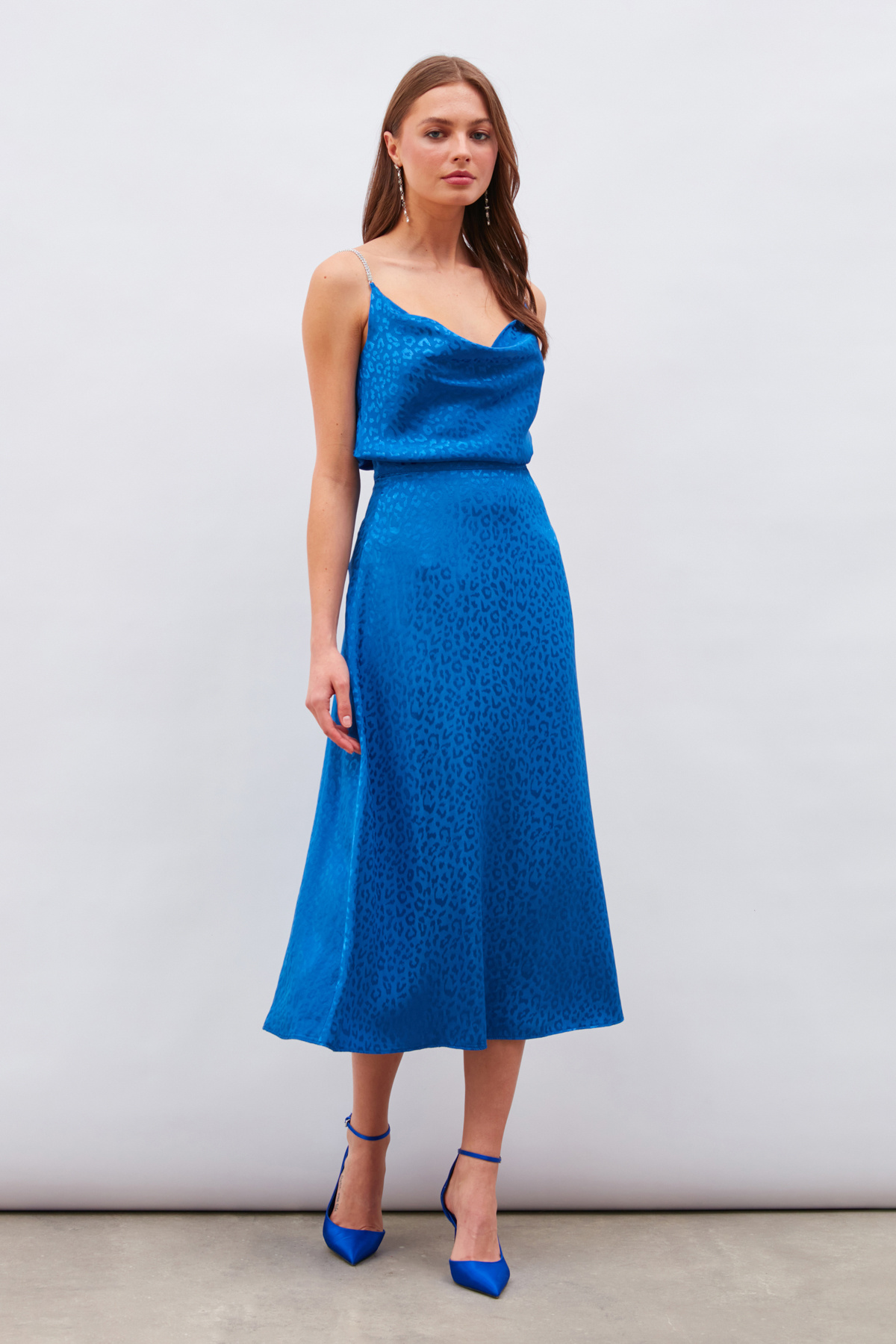 Leopar Desenli Midi Saten Etek - SAX MAVİ