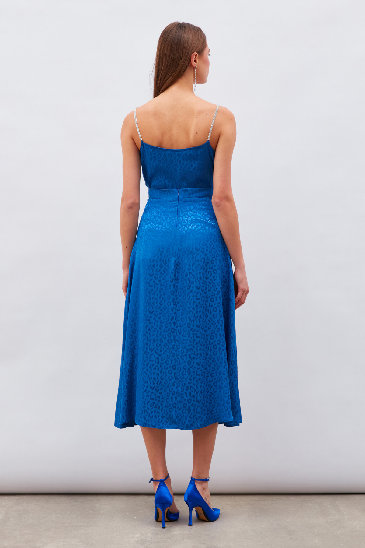 Leopar Desenli Midi Saten Etek - SAX MAVİ