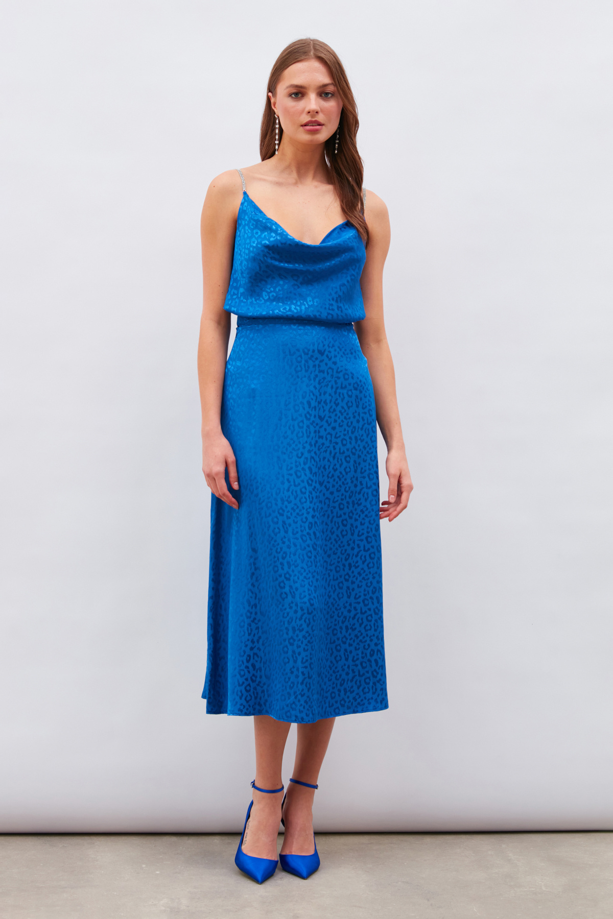 Leopar Desenli Midi Saten Etek - SAX MAVİ