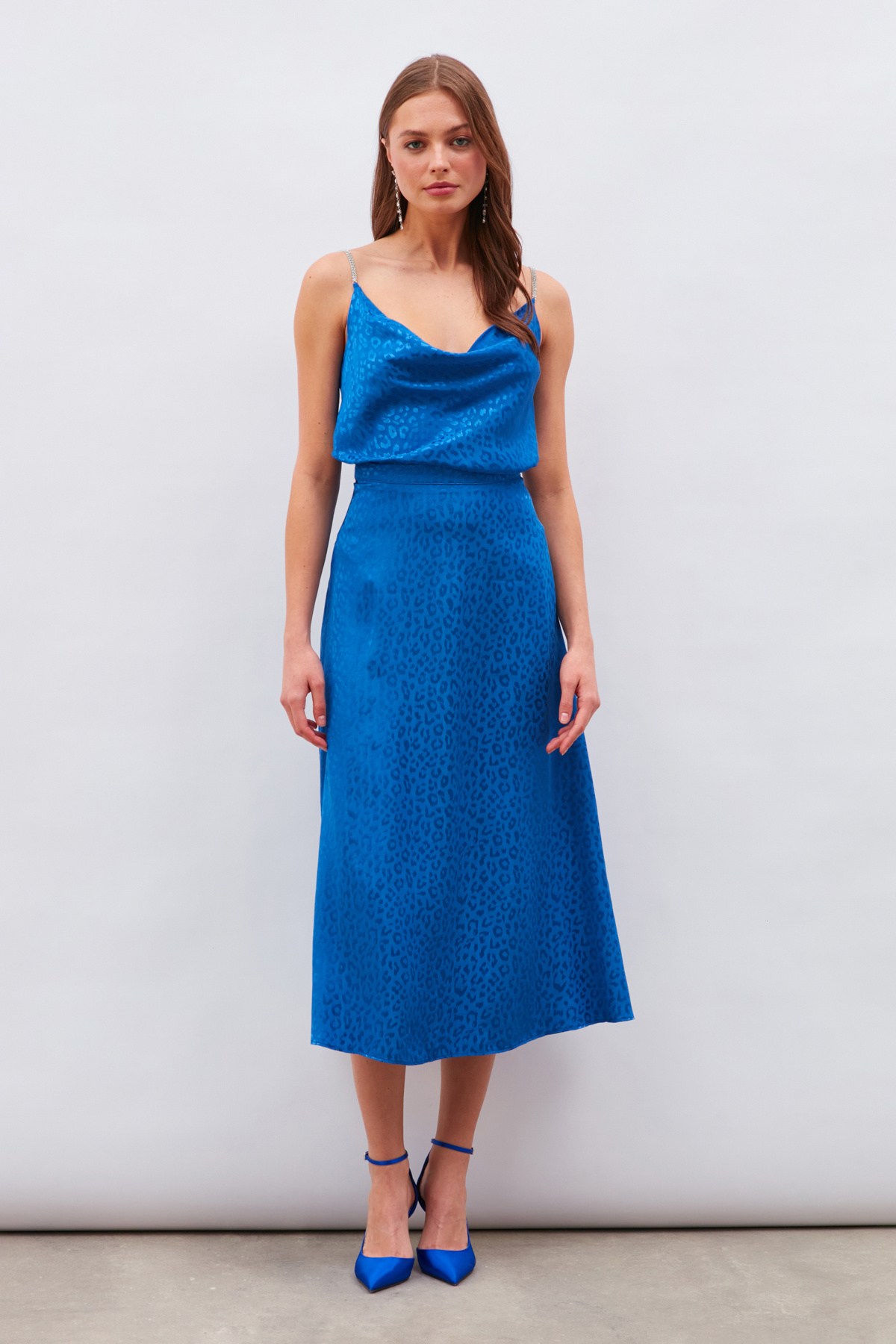 Leopar Desenli Midi Saten Etek - SAX MAVİ