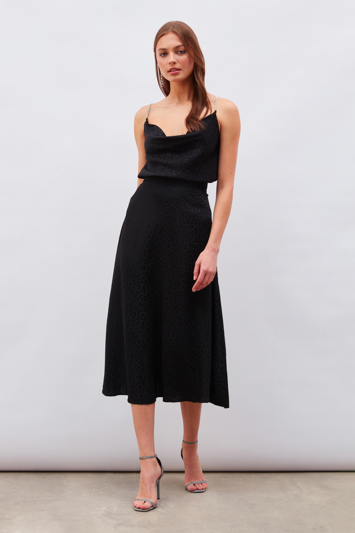 Leopar Desenli Midi Saten Etek - SİYAH