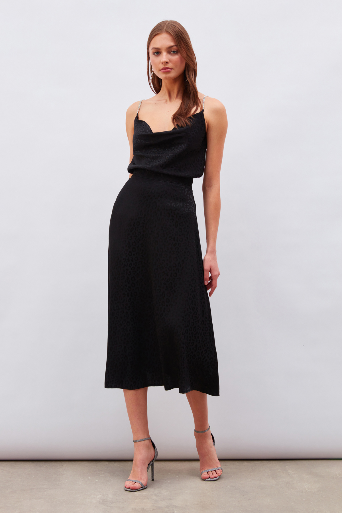 Leopar Desenli Midi Saten Etek - SİYAH