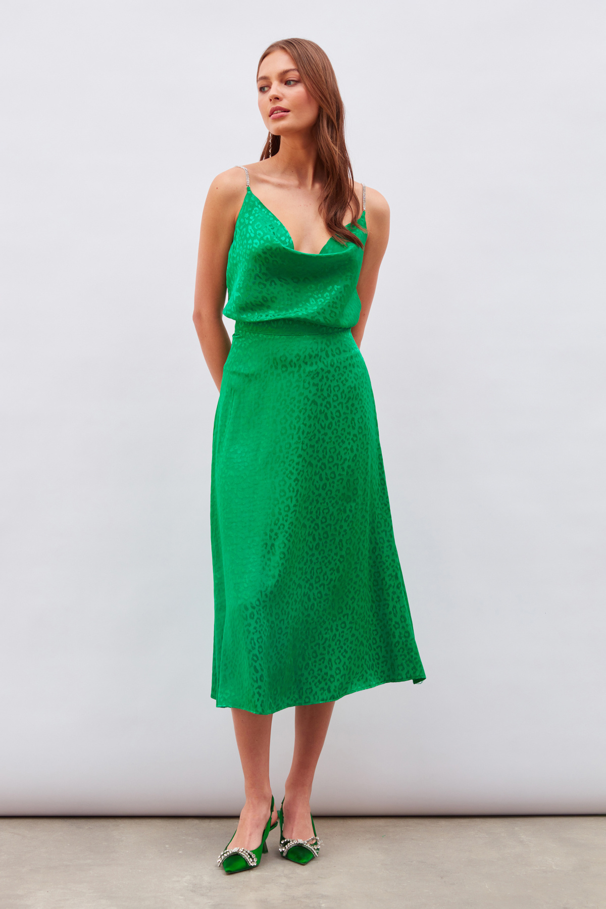 Leopar Desenli Midi Saten Etek - YEŞİL