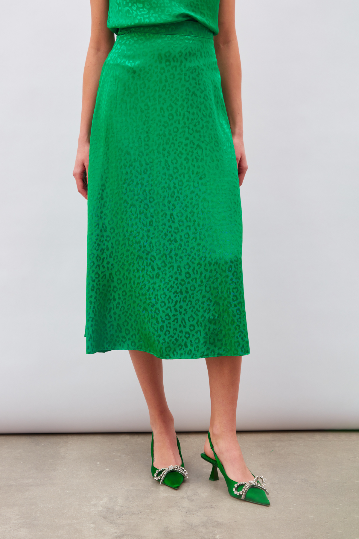 Leopar Desenli Midi Saten Etek - YEŞİL