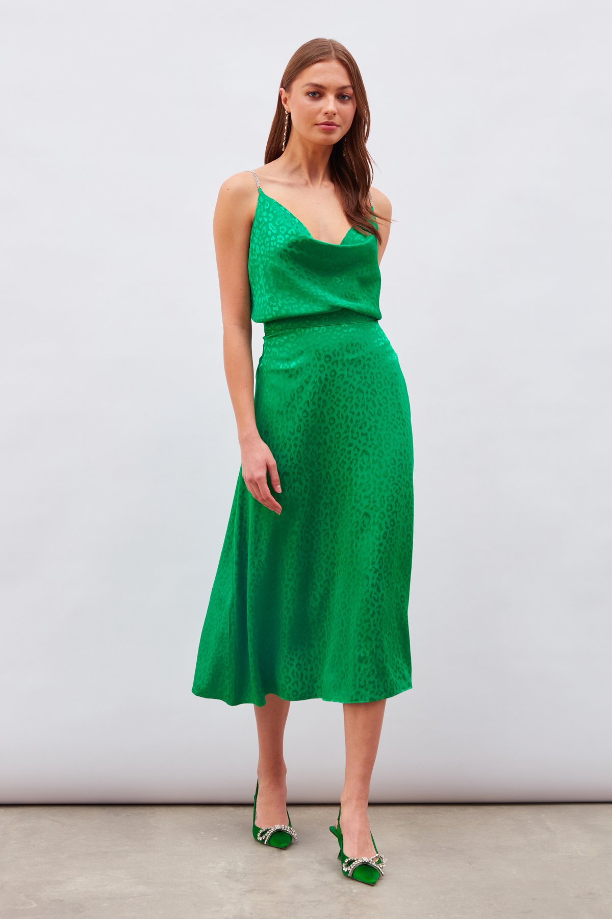 Leopar Desenli Midi Saten Etek - YEŞİL
