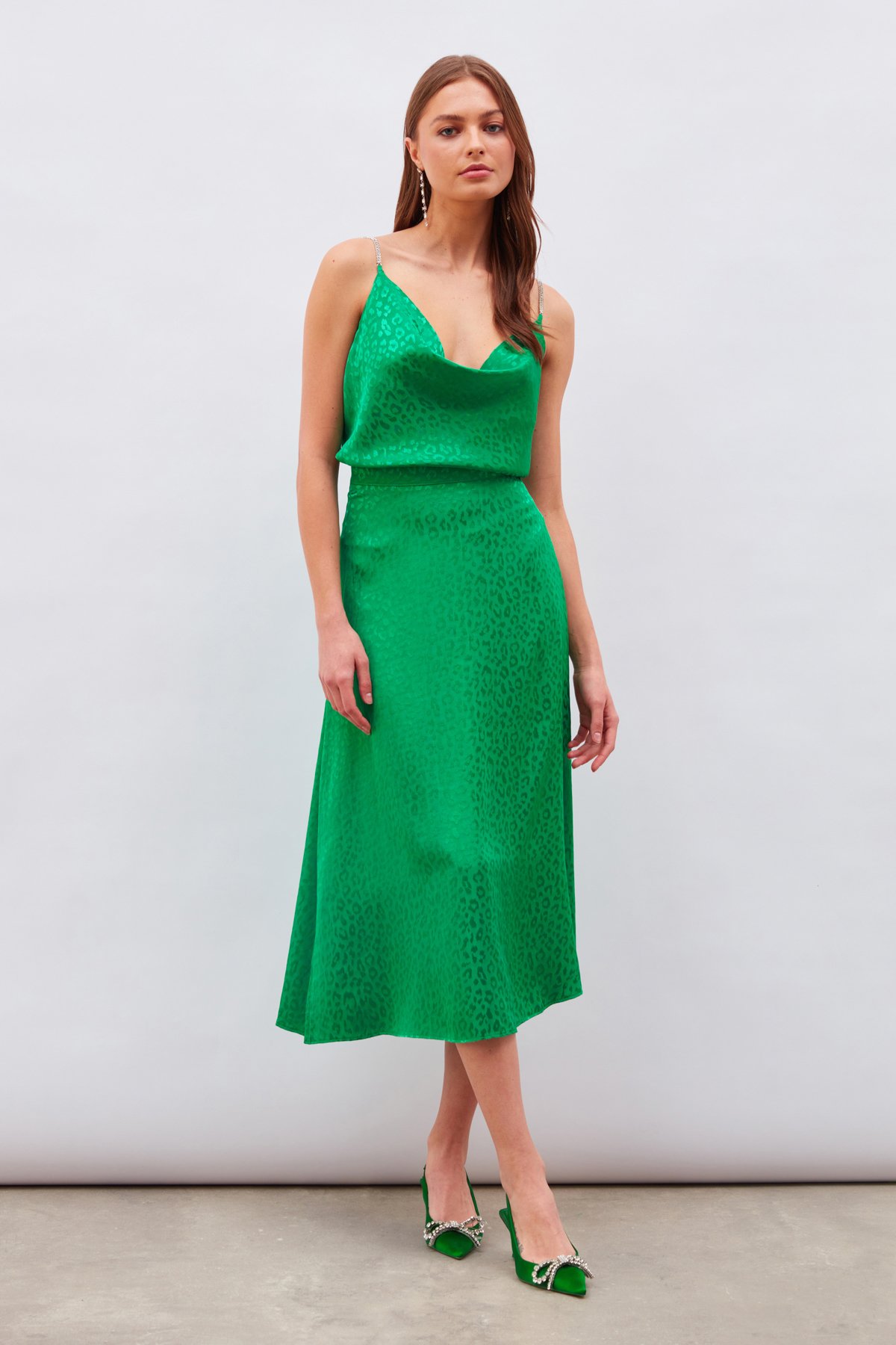 Leopar Desenli Midi Saten Etek - YEŞİL